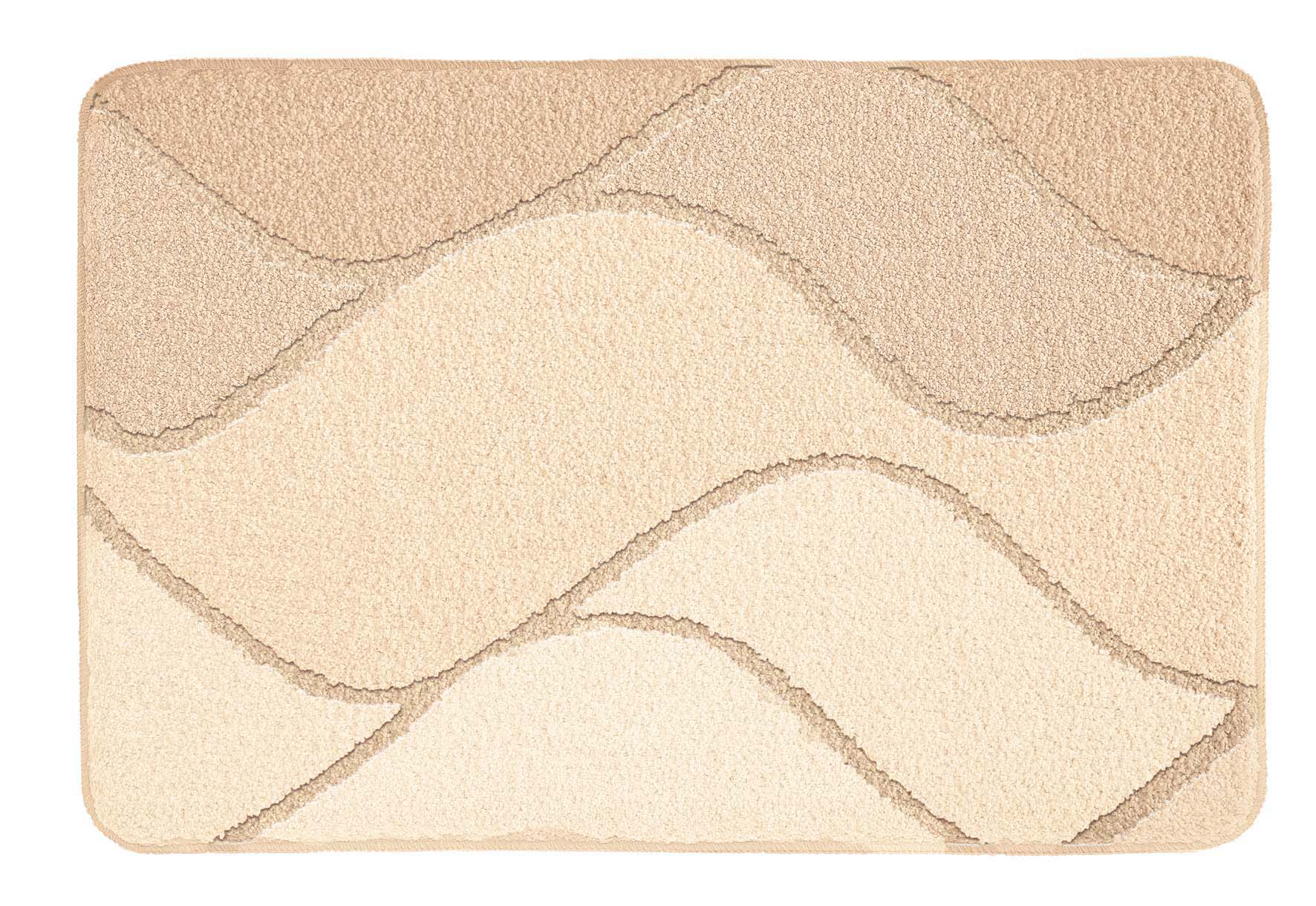 Badteppich FIONA in Bahamabeige zeigt welliges Muster in 70 x 120 cm Rechteckform.
