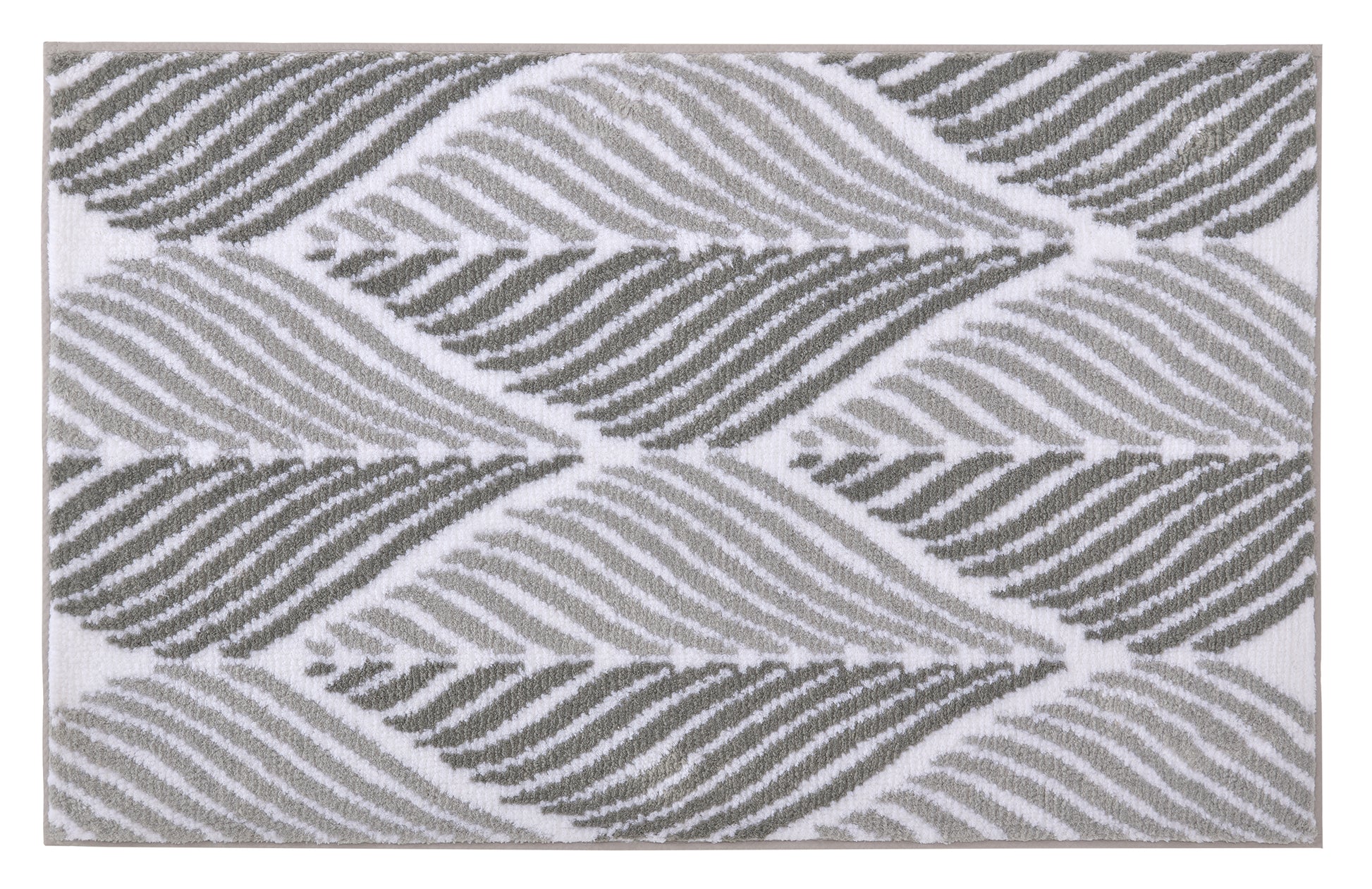Badematte mit grauem und olivgrünem Blättermuster auf Weiß Hintergrund
