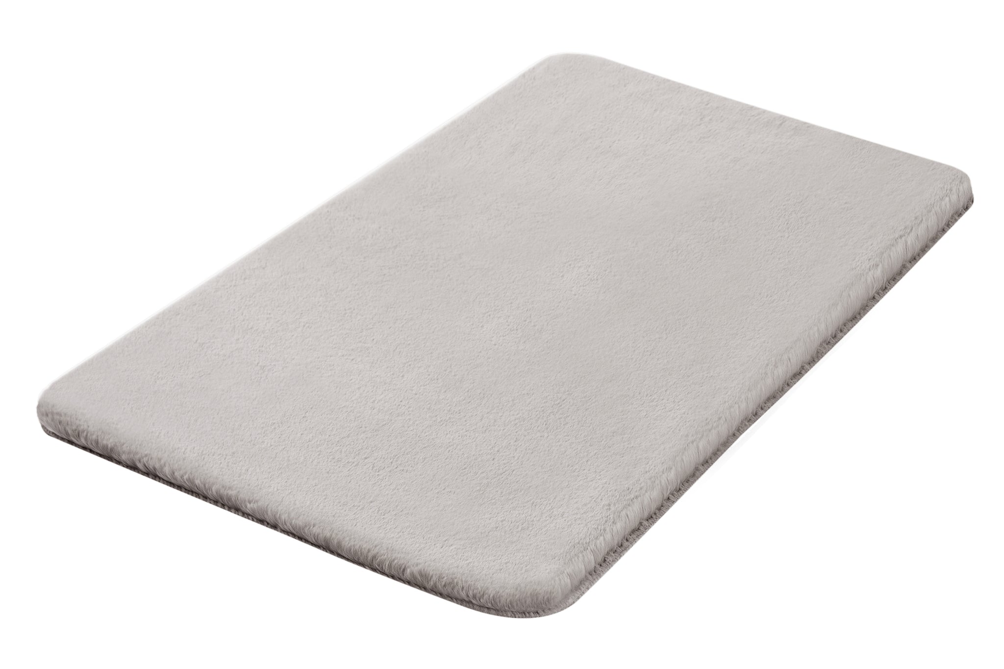 Rechteckige, flache Badematte in hellem Grau auf weißem Hintergrund