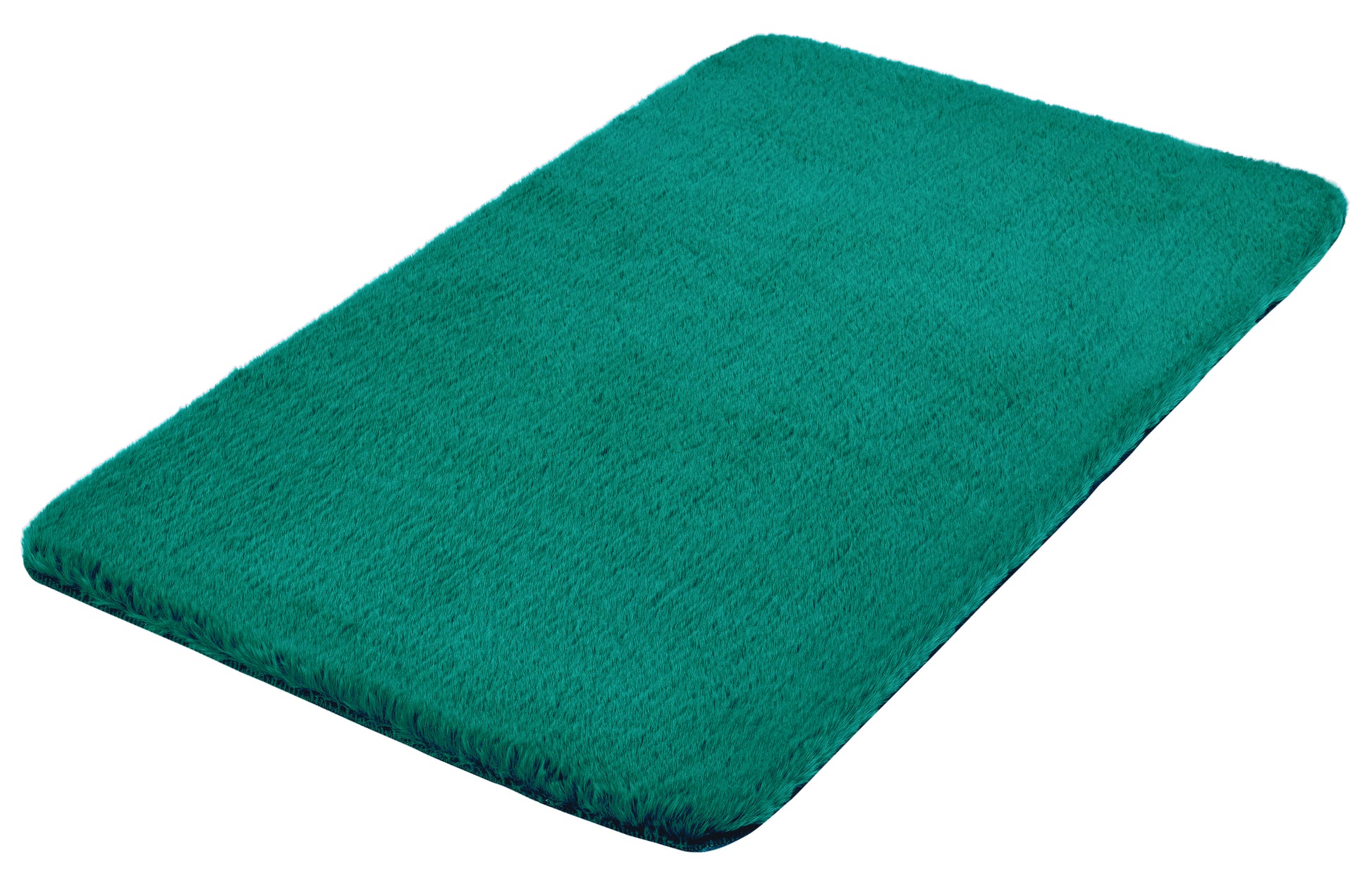 Rechteckige, flauschige, türkisgrüne Badematte auf weißem Hintergrund