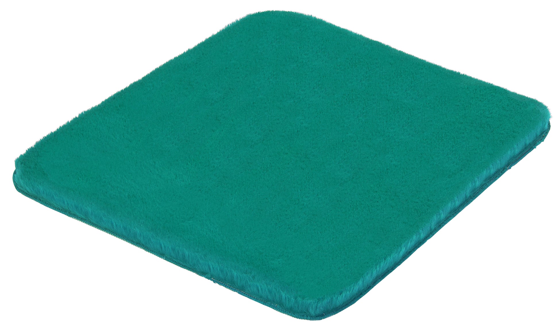 Quadratische, flauschige Badematte in Türkisgrün auf weißem Hintergrund