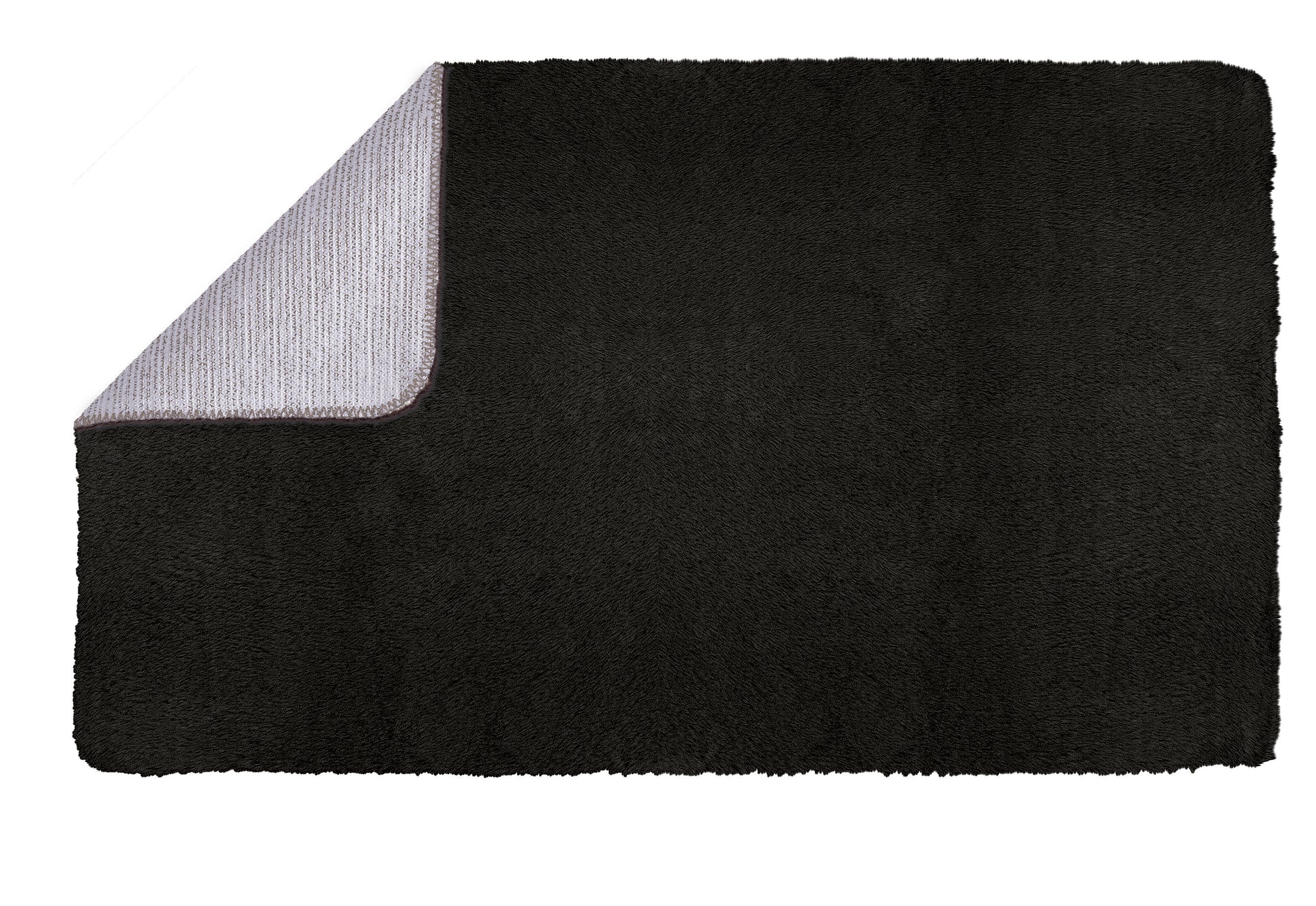Schwarzer rechteckiger Badteppich mit umgeklappter Ecke und Rückseite