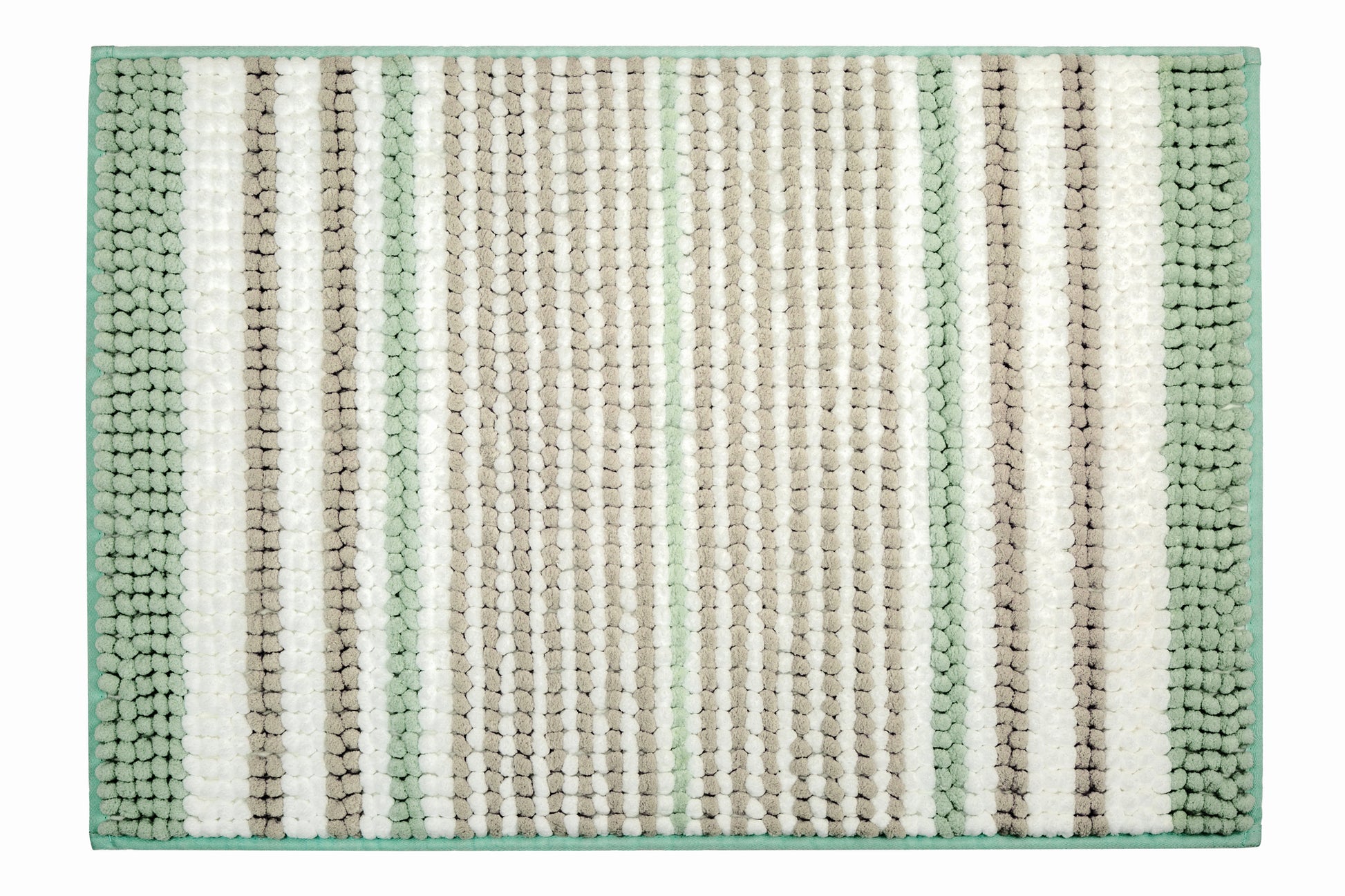 Quadratische Badematte mit grünen, weißen und grauen breiten Streifen