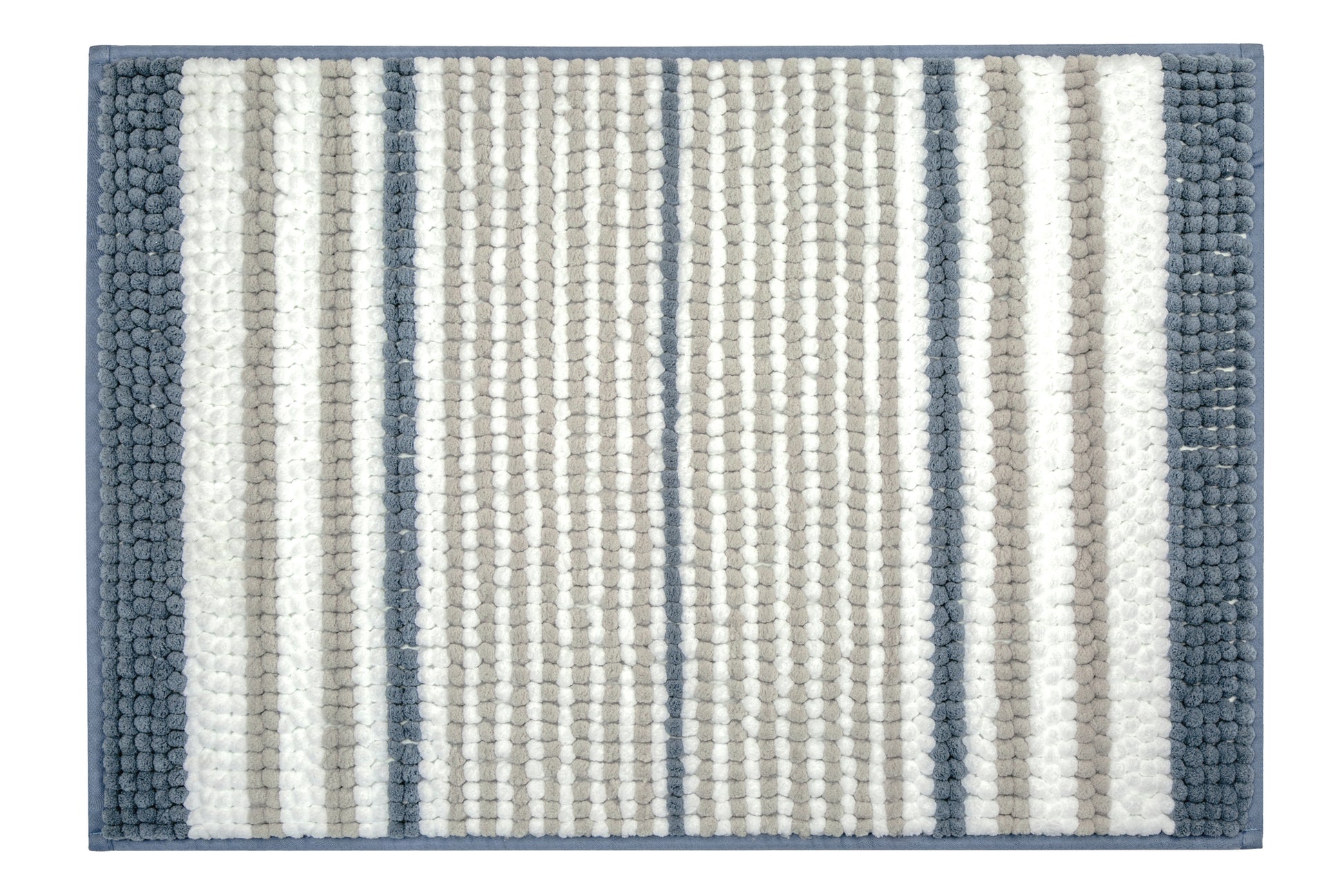 Quadratische Badematte mit breiten weißen, grauen und blauen Streifen