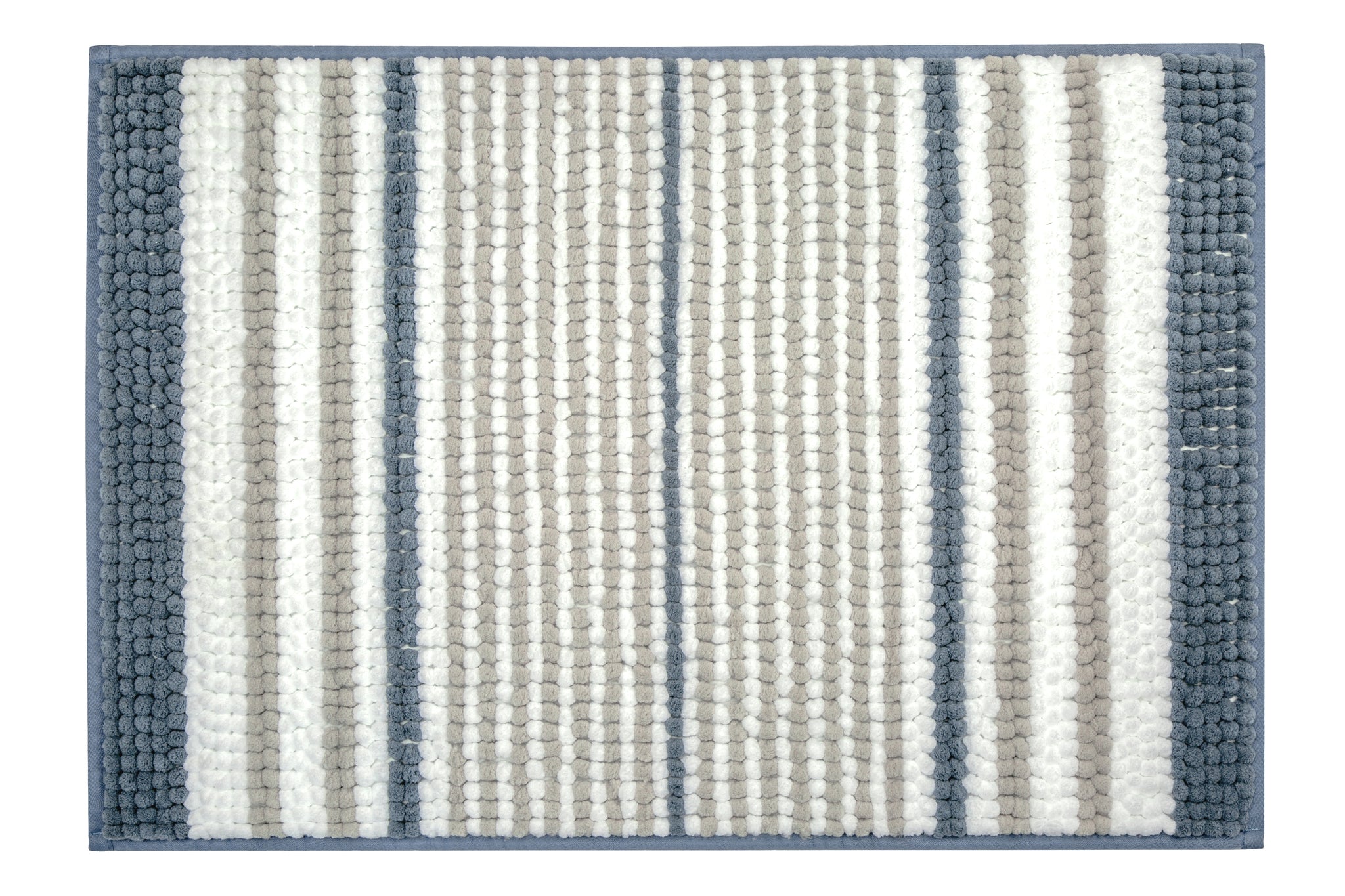 Quadratische Badematte mit breiten weißen, grauen und blauen Streifen