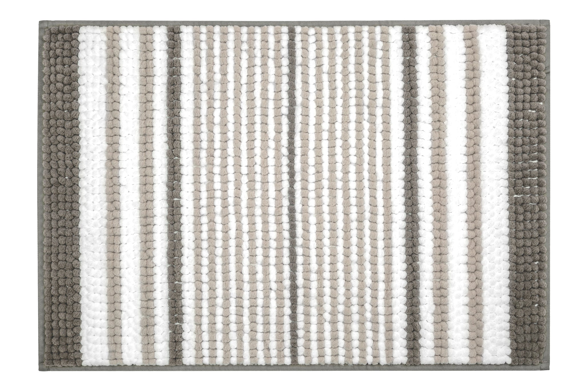 Quadratischer Badteppich mit grauen und weißen breiten Längsstreifen