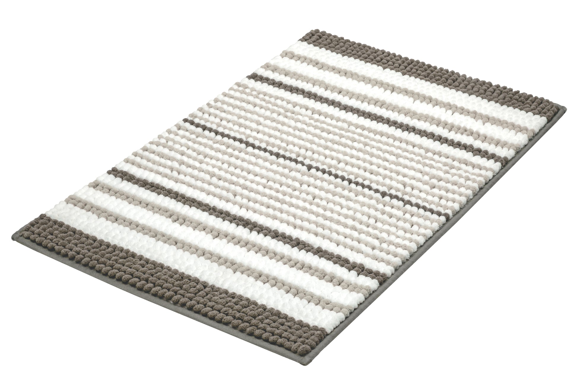 Rechteckiger Badematte mit weißen und grauen Streifen, seitlich schräg