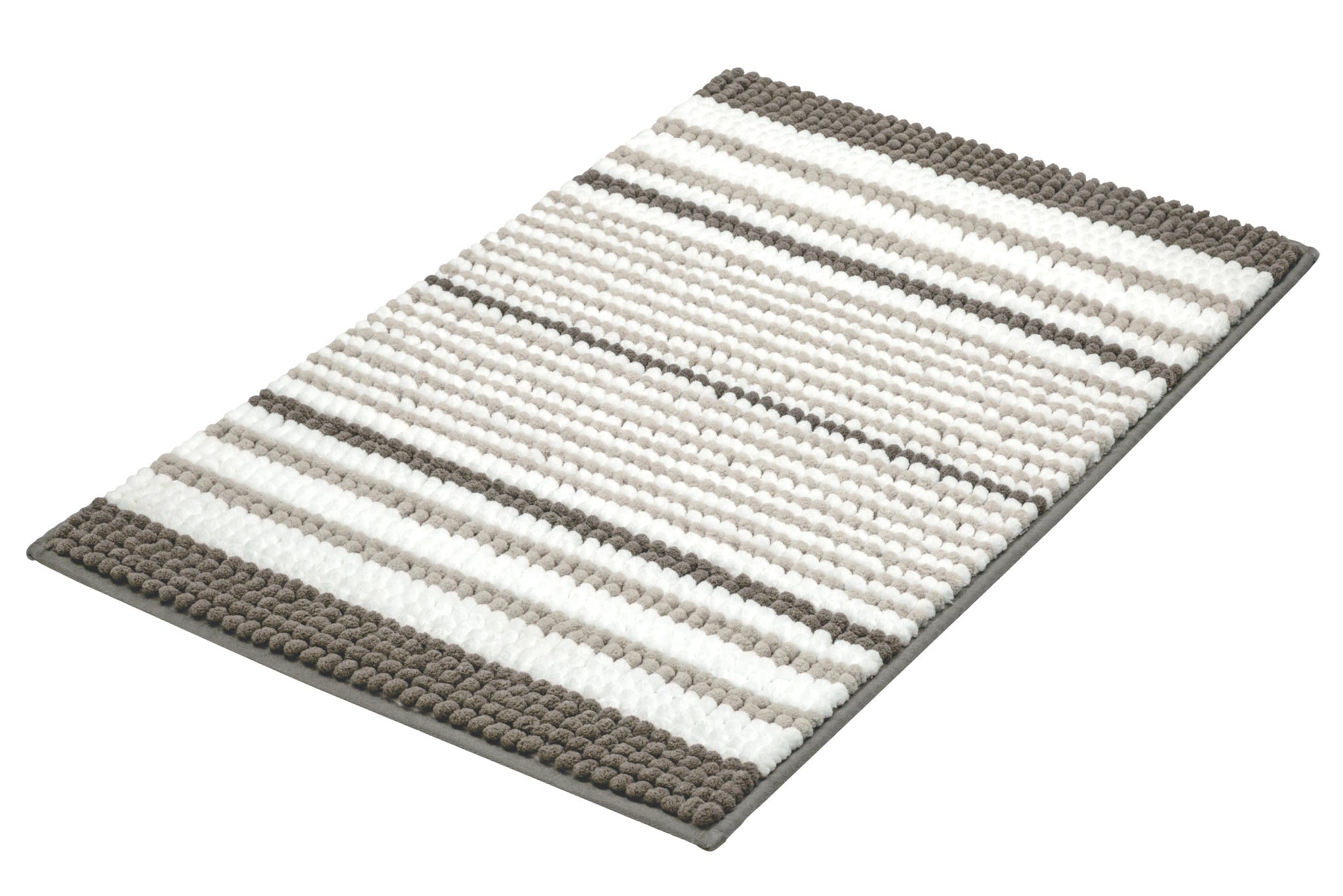 Rechteckiger Badematte mit weißen und grauen Streifen, seitlich schräg
