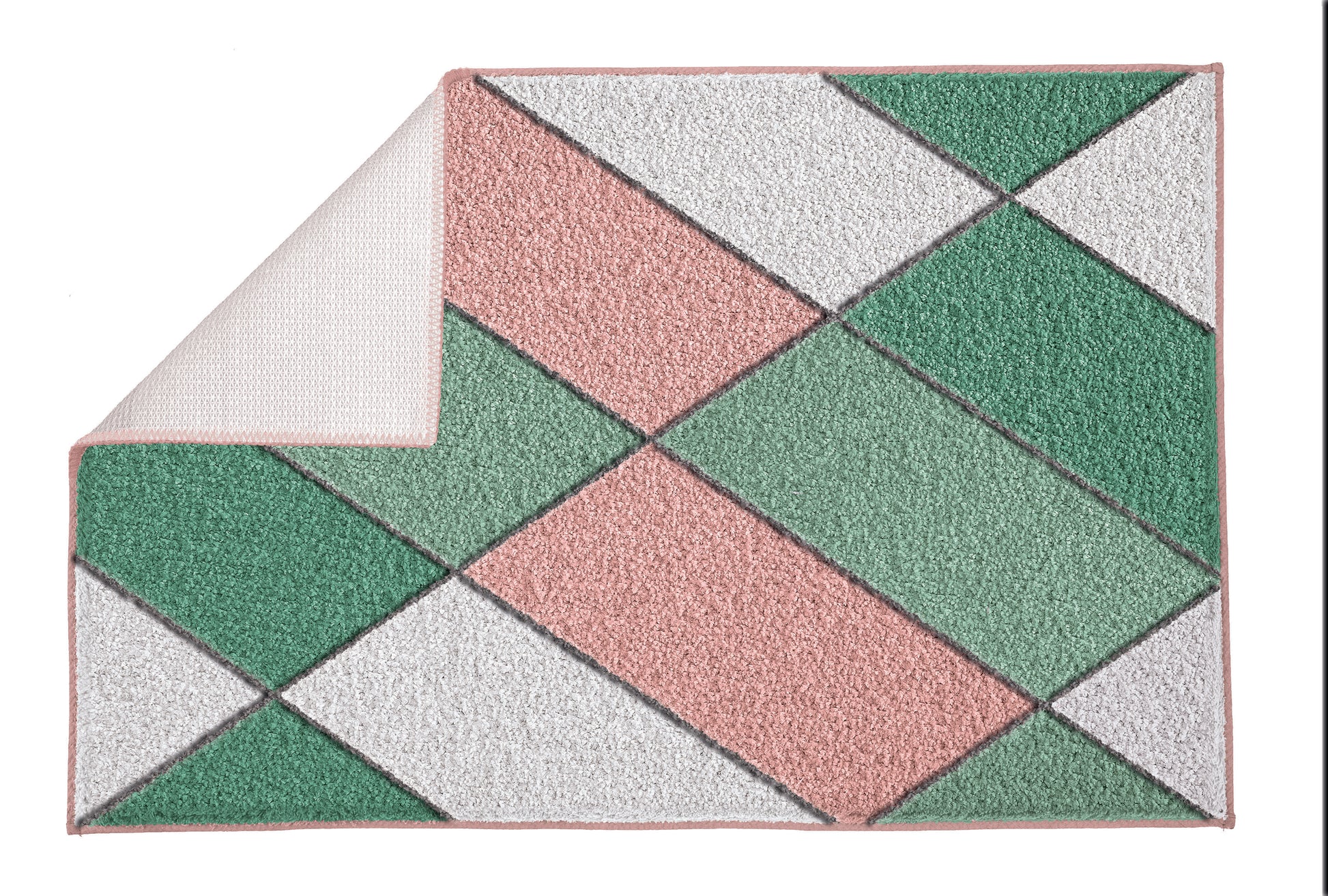 Badematte mit geometrischem Muster in Rosa, Grün, Grau, Ecke umgeschlagen
