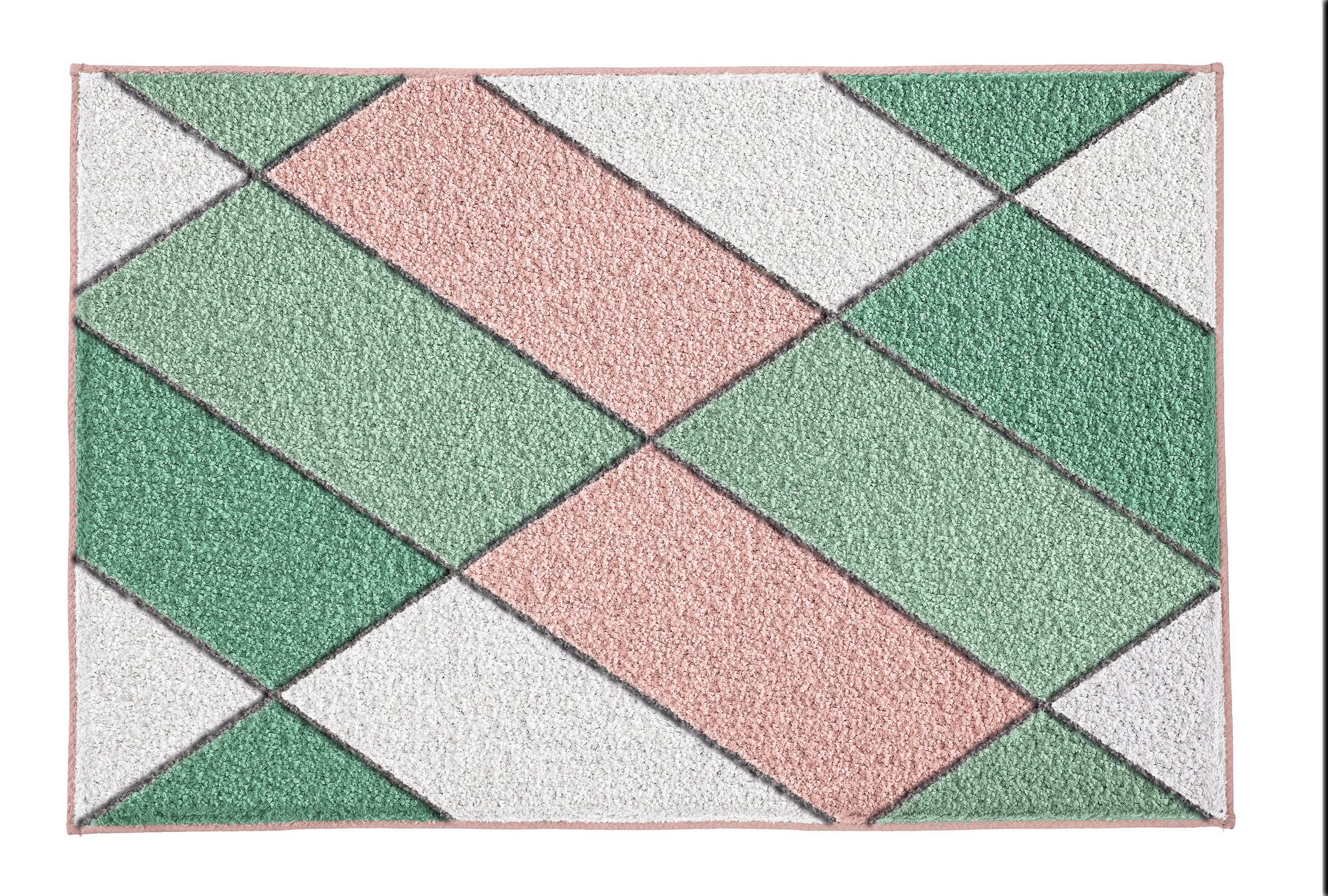 Rechteckige Badematte mit geometrischem Muster in Rosa, Grün, Weiß
