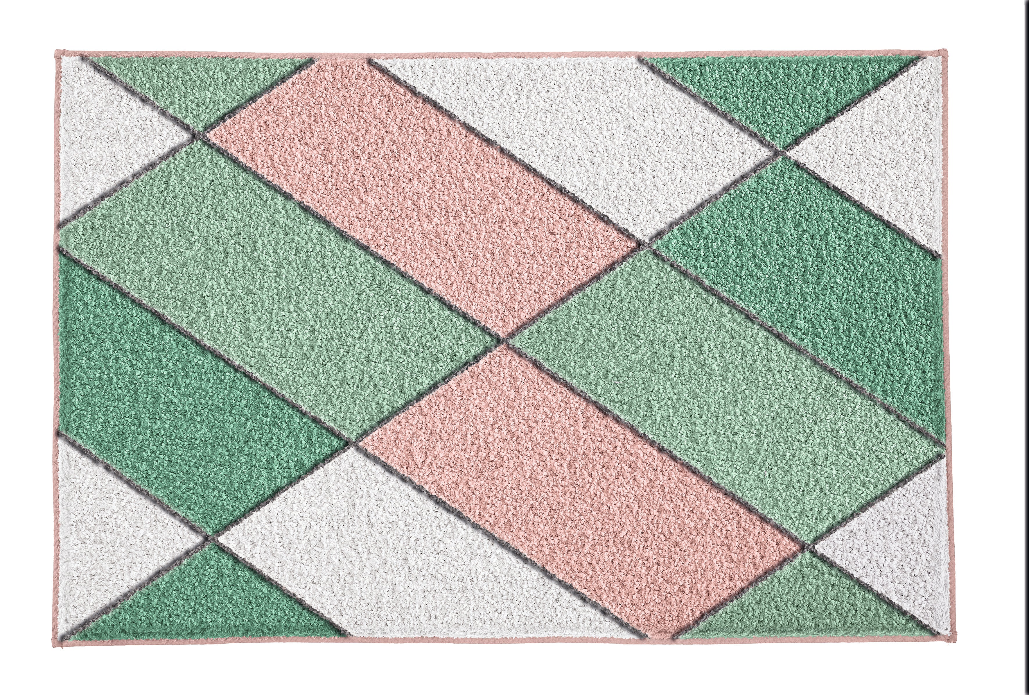 Rechteckige Badematte mit geometrischem Muster in Rosa, Grün, Weiß