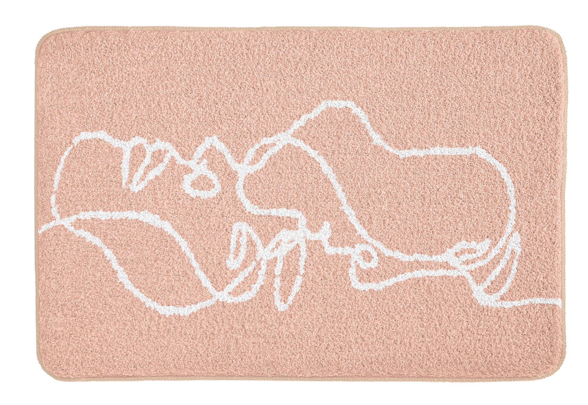 Rosa Badematte mit weißer, abstrakter Linienzeichnung zweier Gesichter