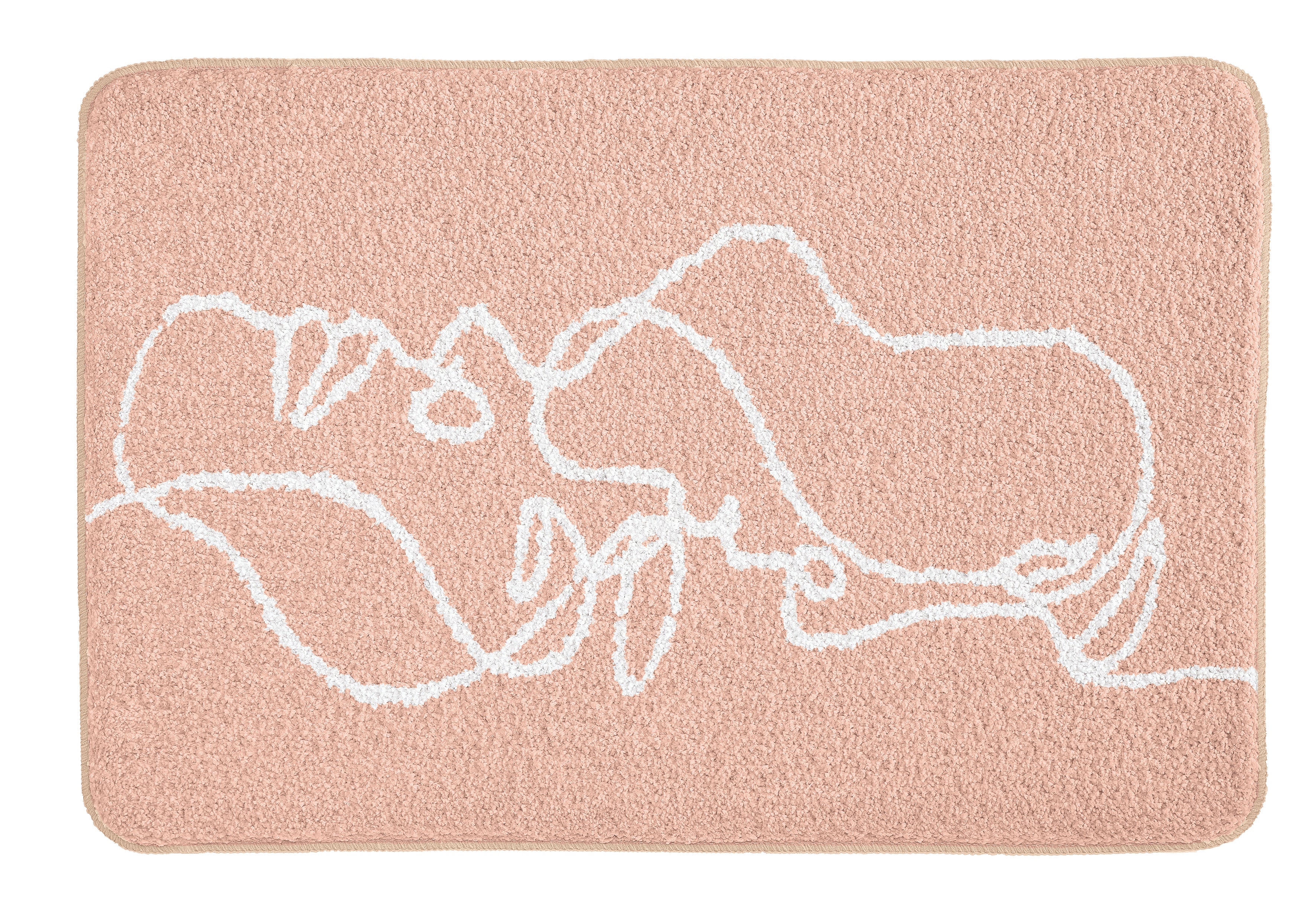 Rosa Badematte mit weißer, abstrakter Linienzeichnung zweier Gesichter