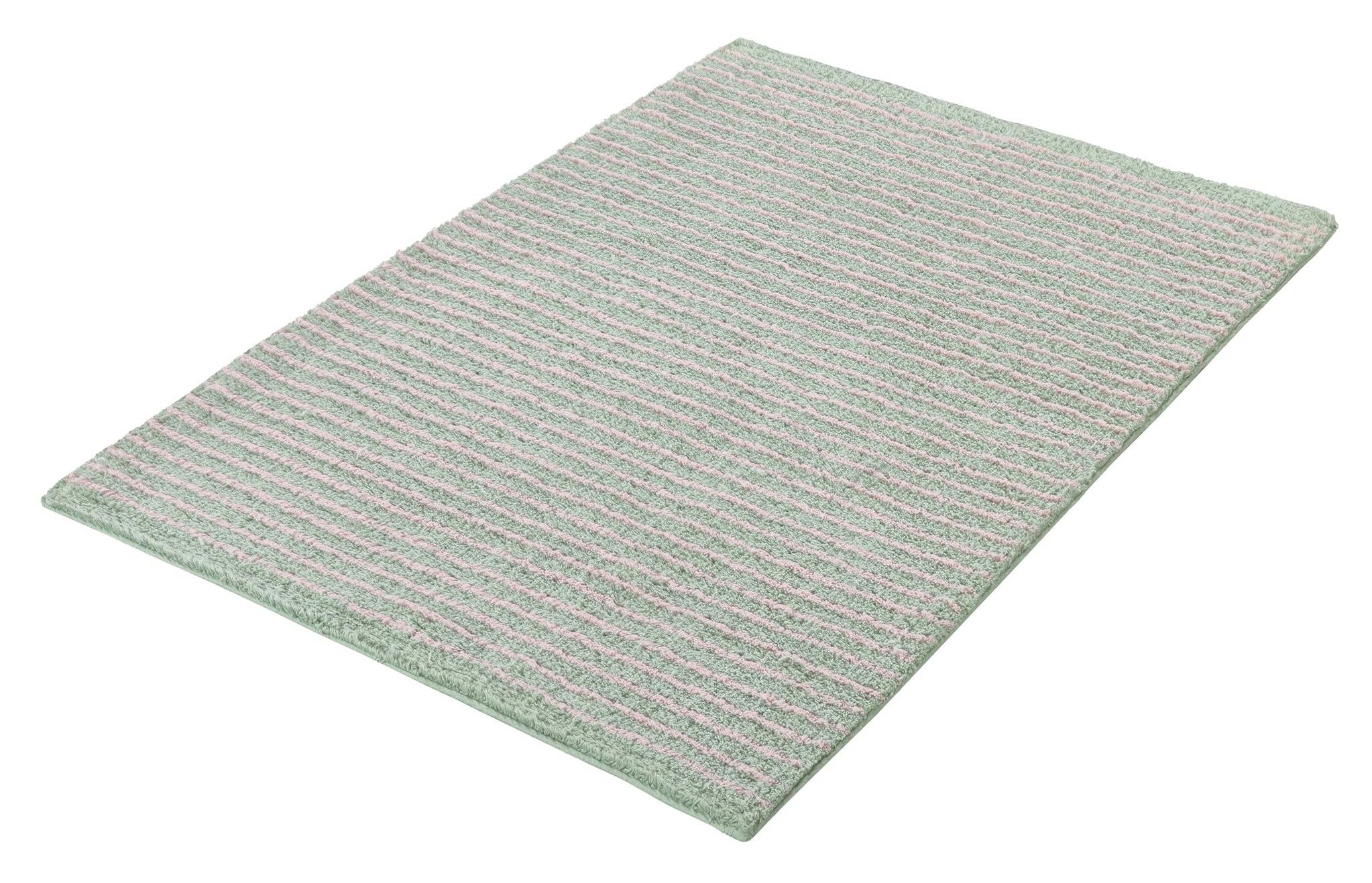 Rechteckiger Badteppich mit feinen grünen und rosa Querstreifen