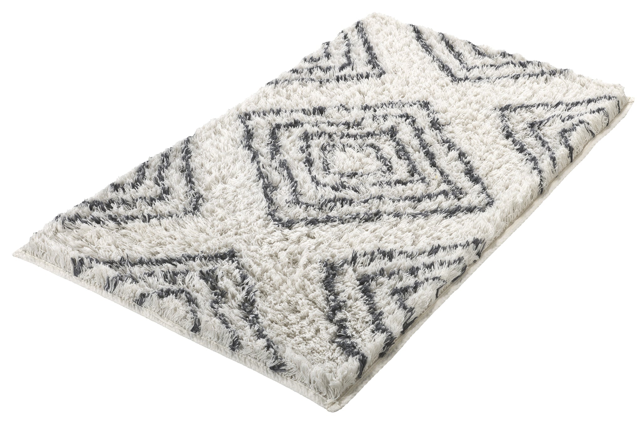 Weißer, rechteckiger Badematte mit grauem, geometrischem Rautenmuster