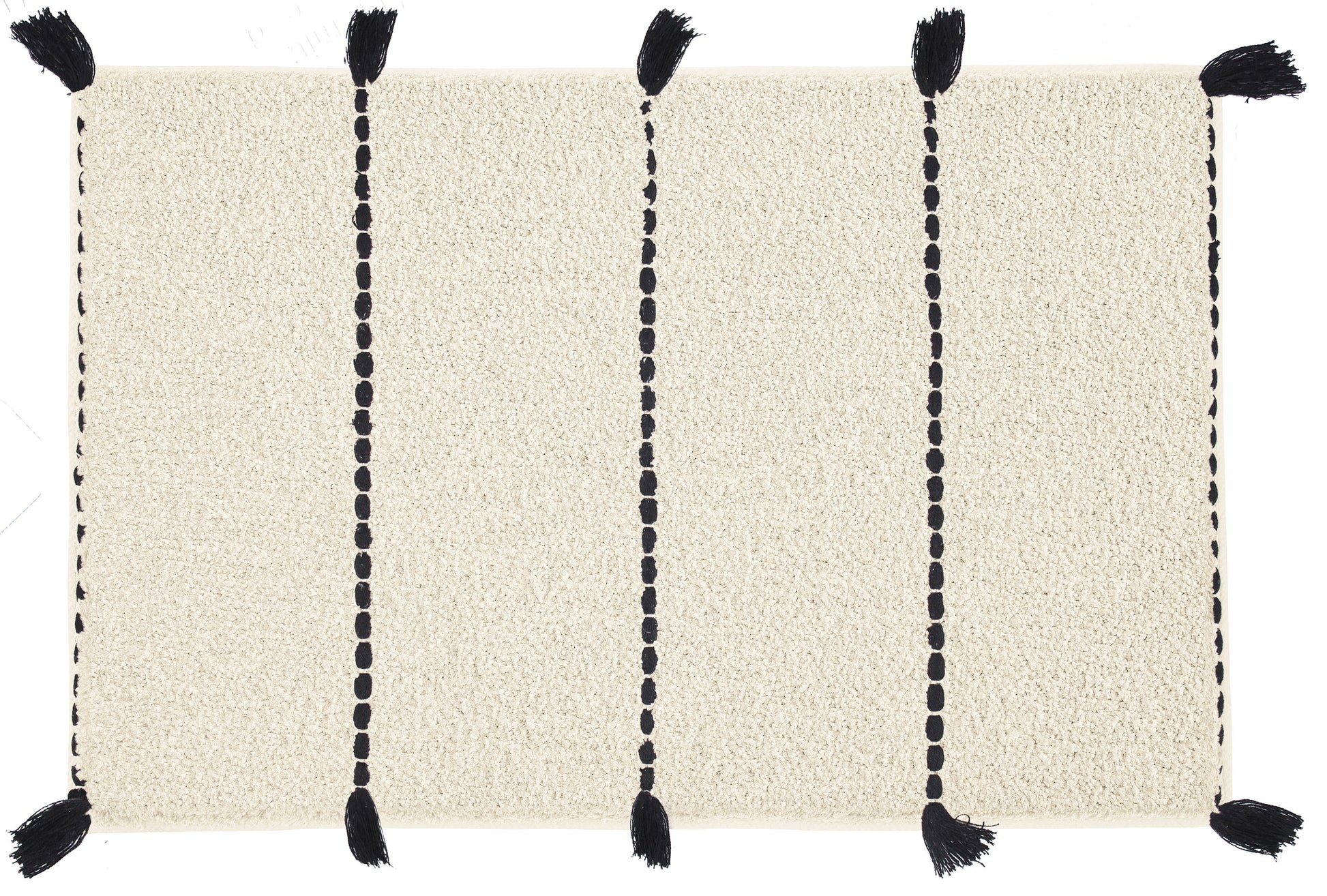 Badteppich TRAVIS Natur 70 x 120 cm mit schwarzen Querstreifen und Fransen liegt flach ausgebreitet.