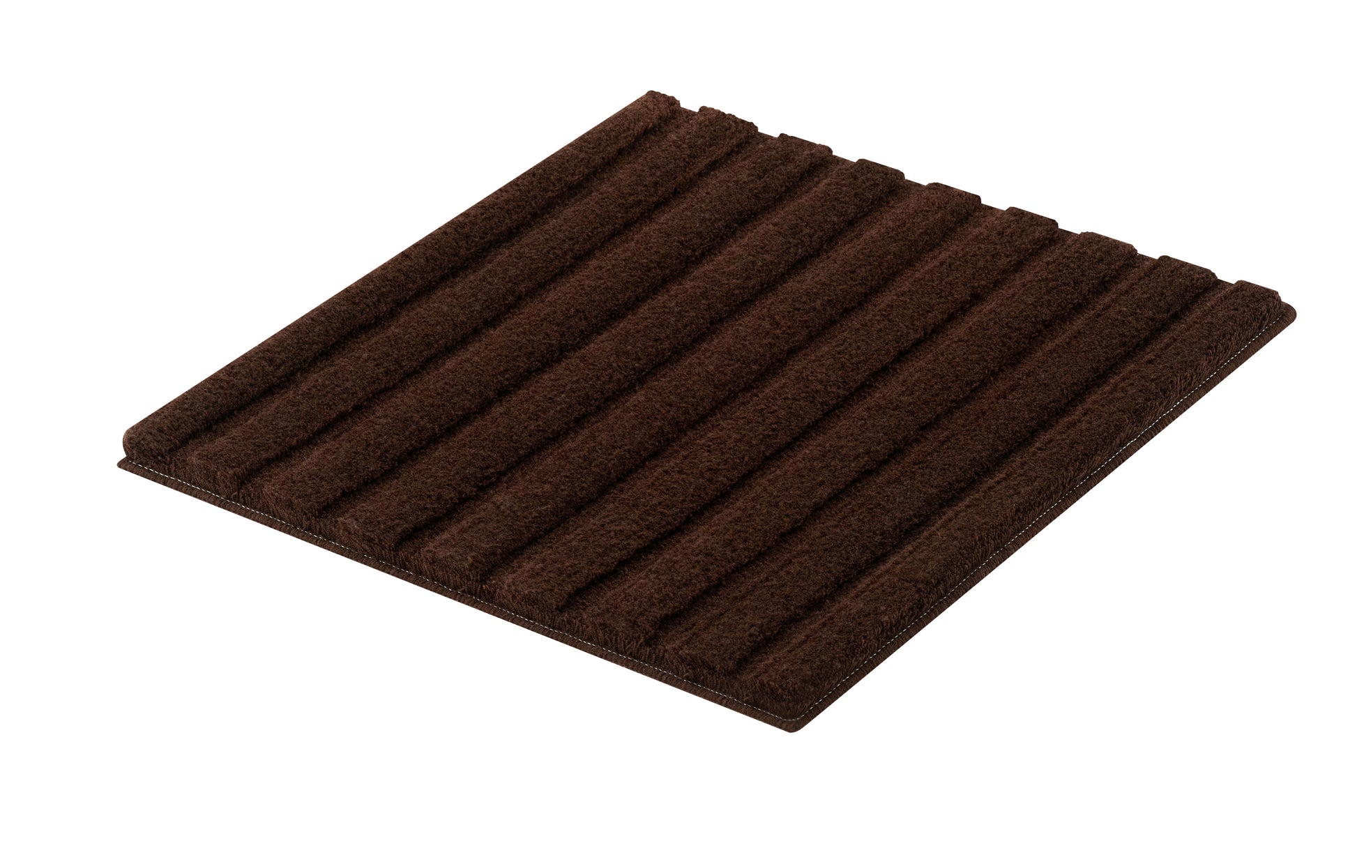 Quadratische, dunkelbraune Badematte mit breiten, gerippten Streifen