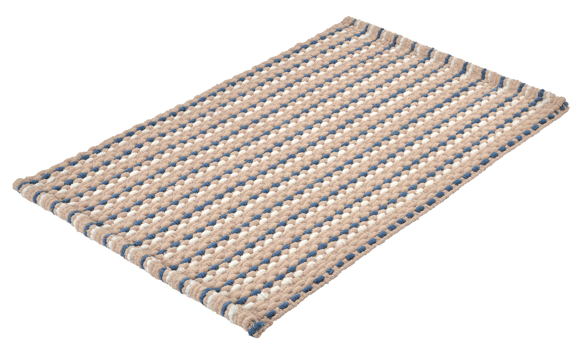 Rechteckiger Badteppich aus dicker Flechtstruktur in Beige, Weiß, Blau