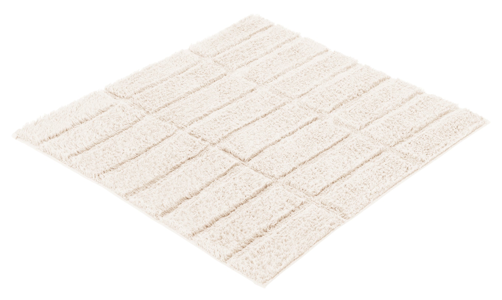 Quadratische, cremefarbene Badematte mit flauschigen Streifenstruktur