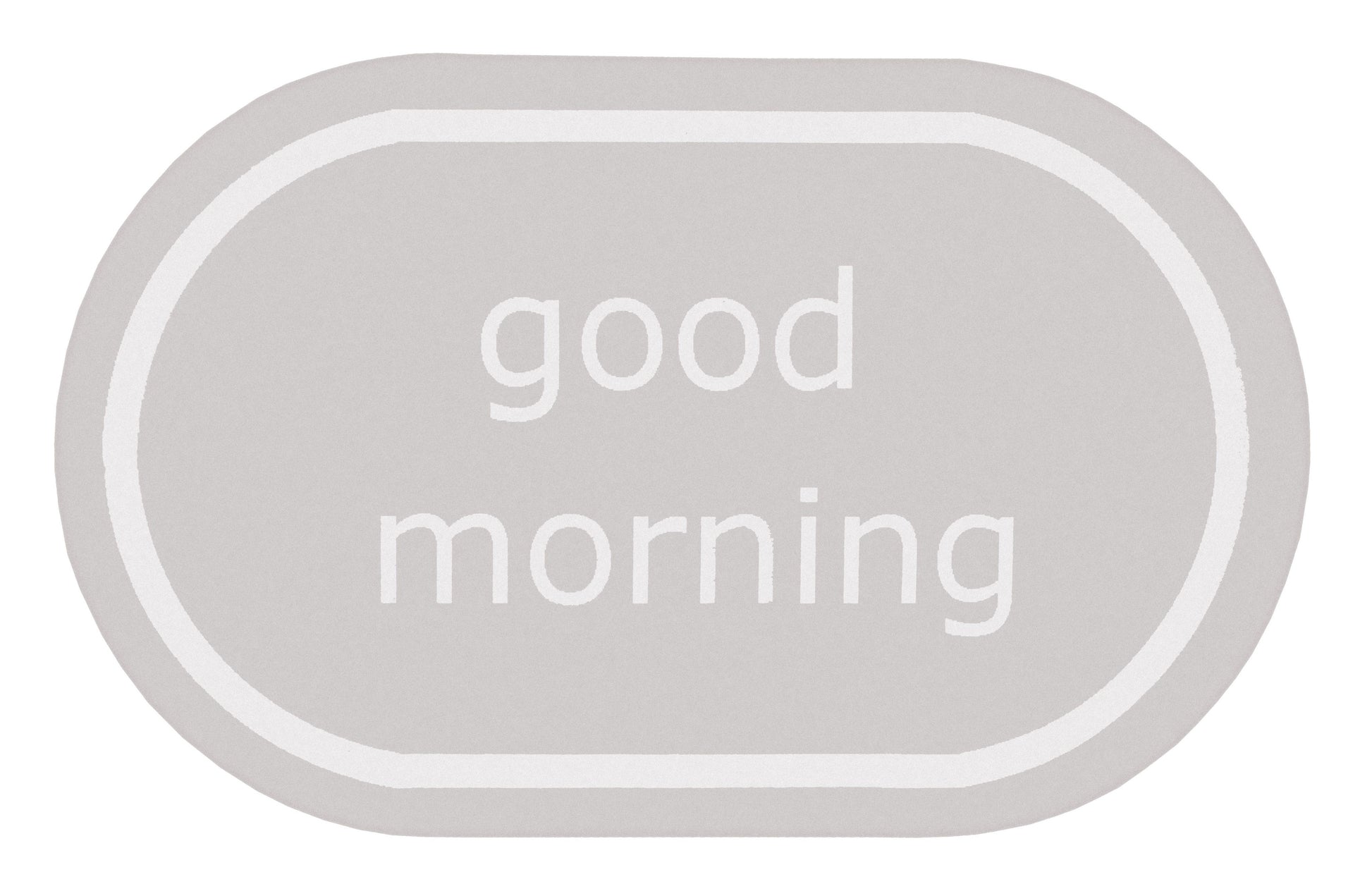 Ovaler hellgrauer Badteppich mit weißem Schriftzug good morning