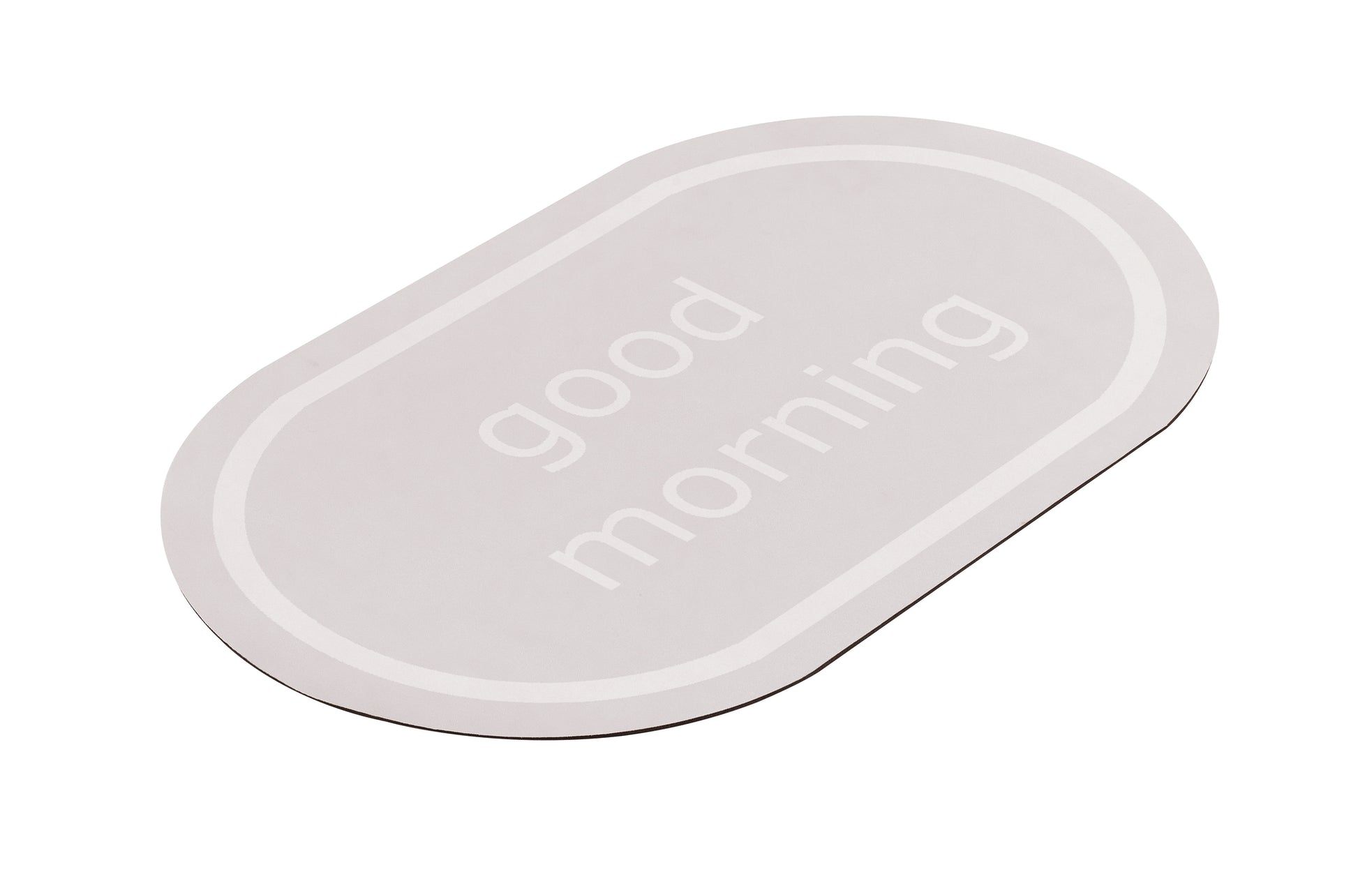Ovale, helle Badematte mit Aufschrift good morning in Weiß zentriert