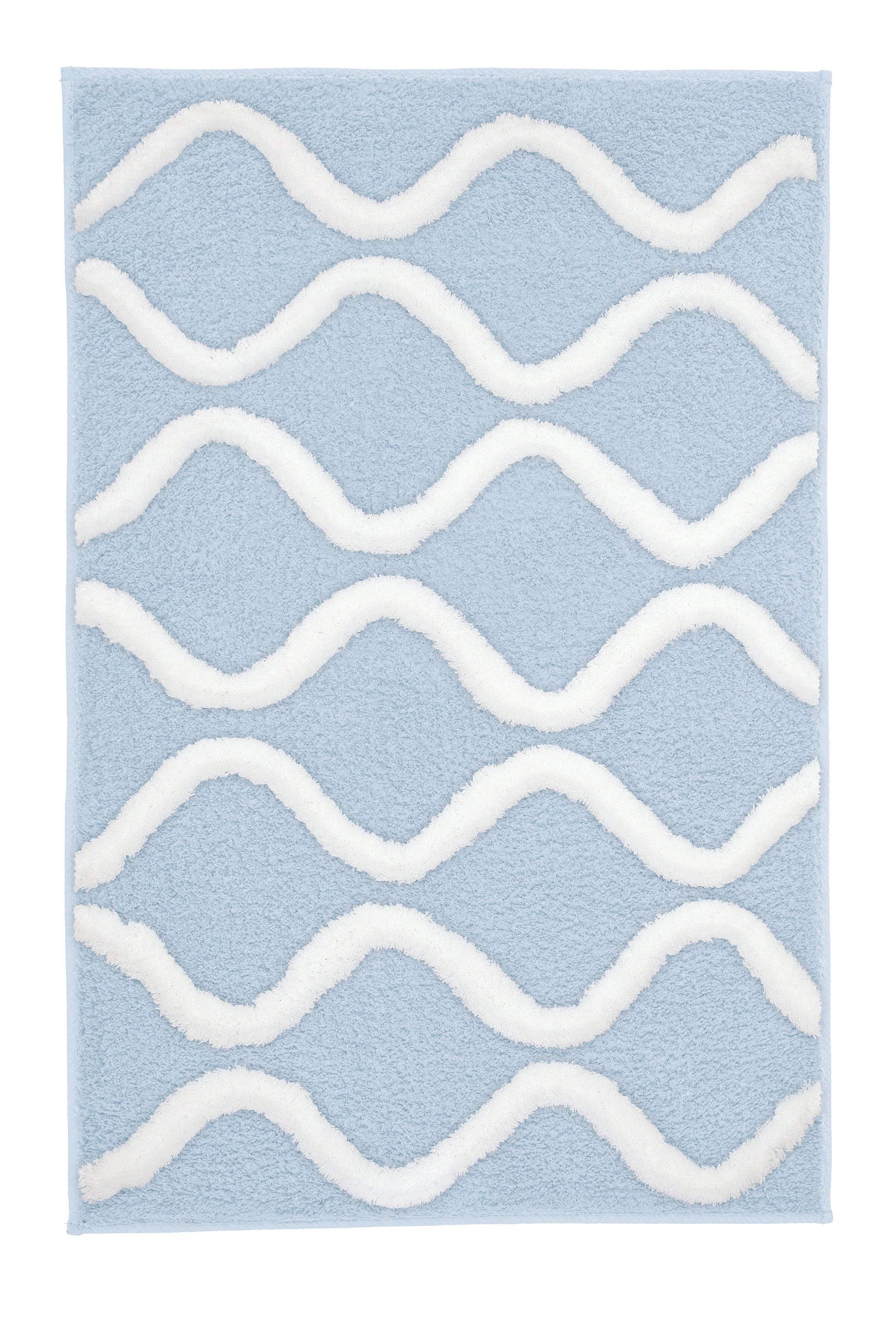 Badteppich PIANA Stahlblau 70 x 120 cm liegt flach mit weißen Wellenmustern.