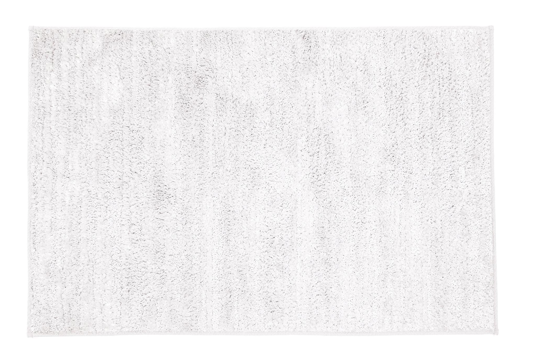 Rechteckiger, flauschiger, weißer Badteppich in Draufsicht von oben