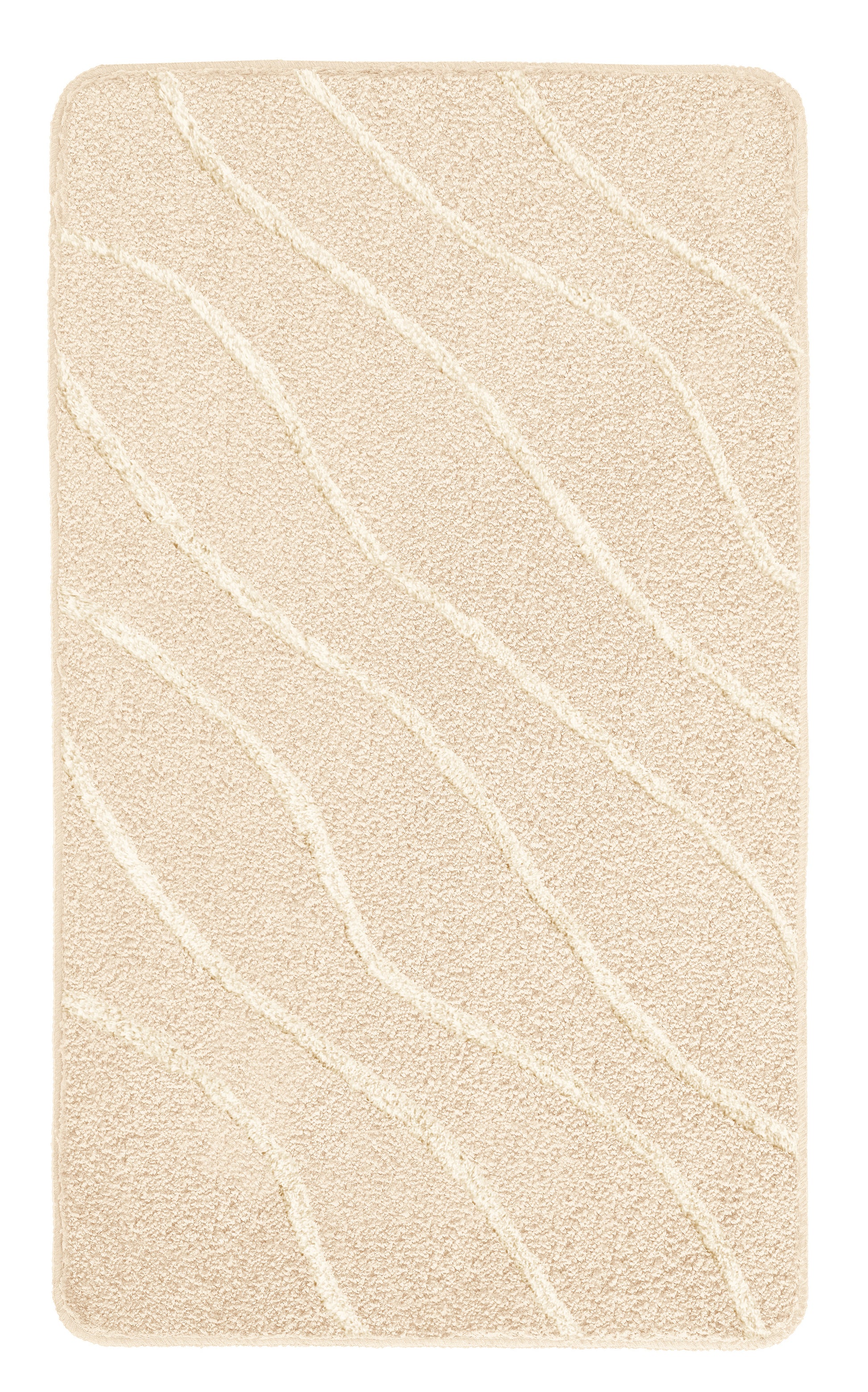 Badteppich TRAM Caramel 80 x 140 cm mit Wellenmuster liegt flach auf hellem Untergrund.