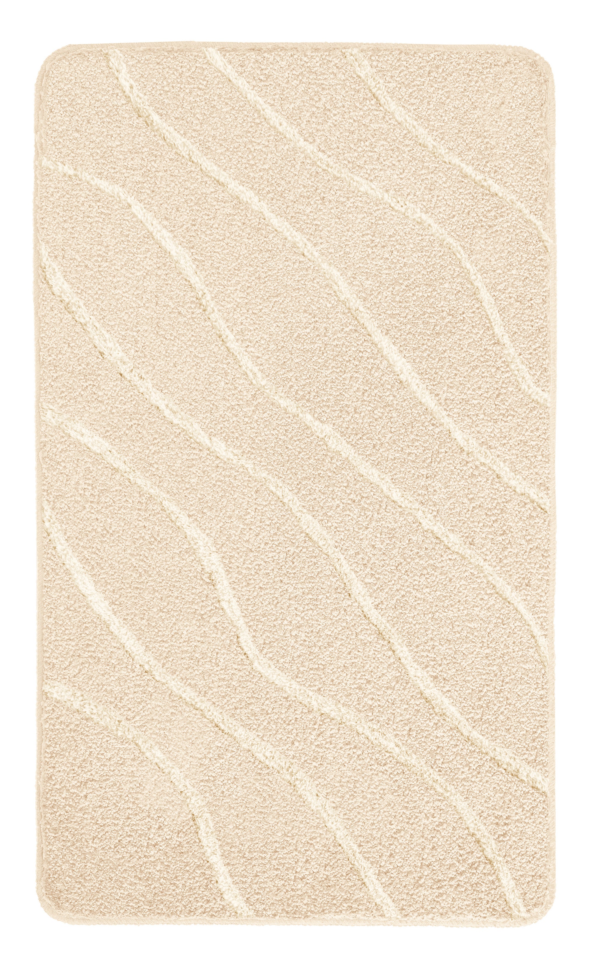 Badteppich TRAM Caramel 80 x 140 cm mit Wellenmuster liegt flach auf hellem Untergrund.