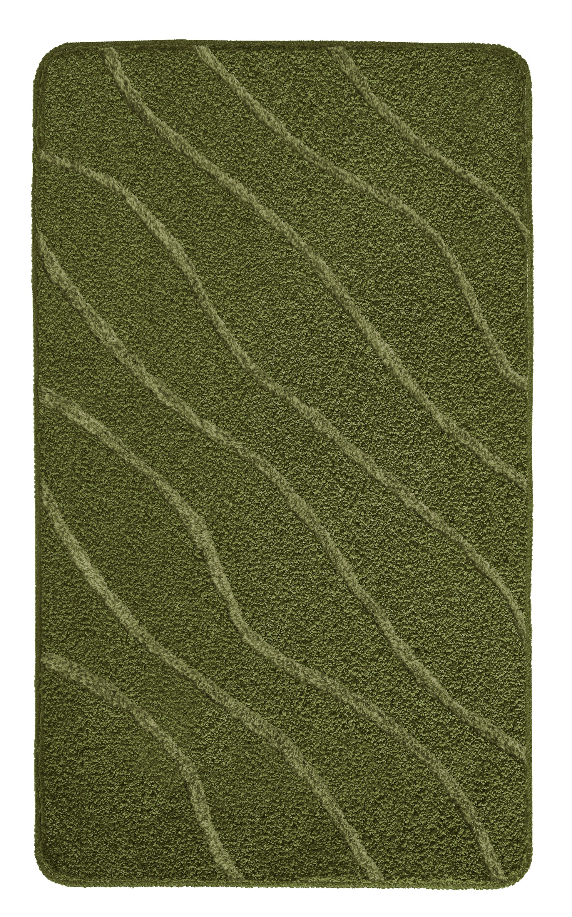 Grüner Badteppich TRAM Forest 60 x 100 cm mit wellenförmigem Muster in Nahaufnahme.