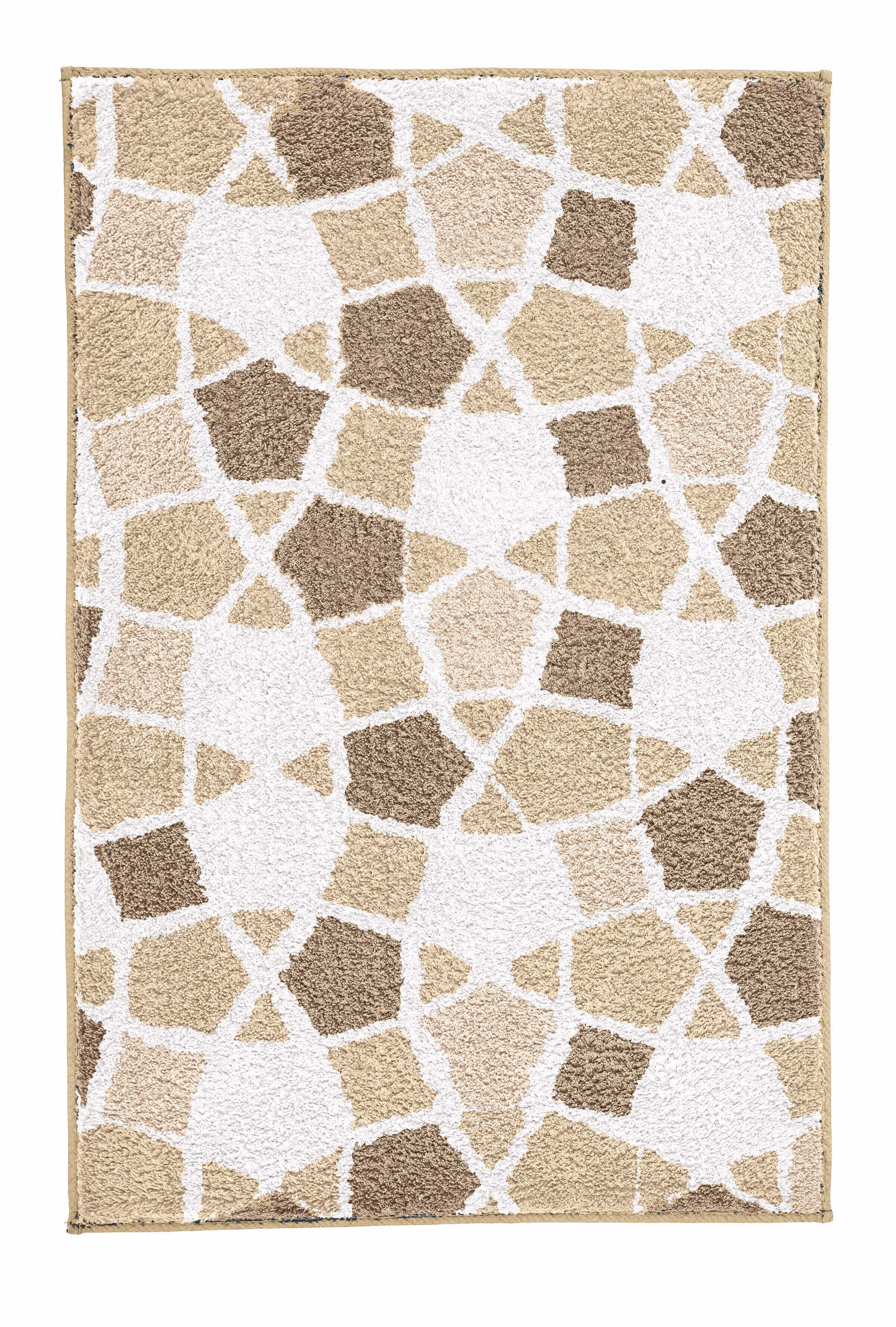 Badteppich SINTRA Macadamia 60x90 cm mit beigem und weißem Mosaikmuster ist von oben zu sehen.