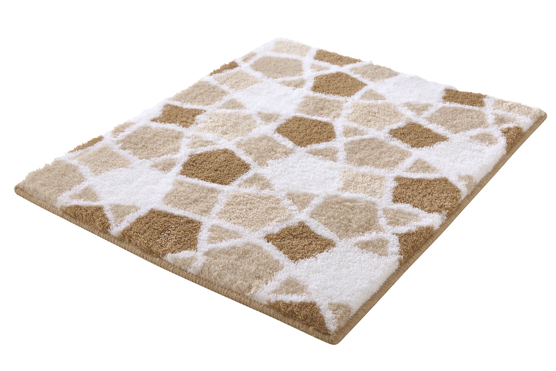 Badteppich SINTRA Macadamia 55 x 65 cm mit geometrischem Muster in Beige, Braun und Weiß liegt flach.