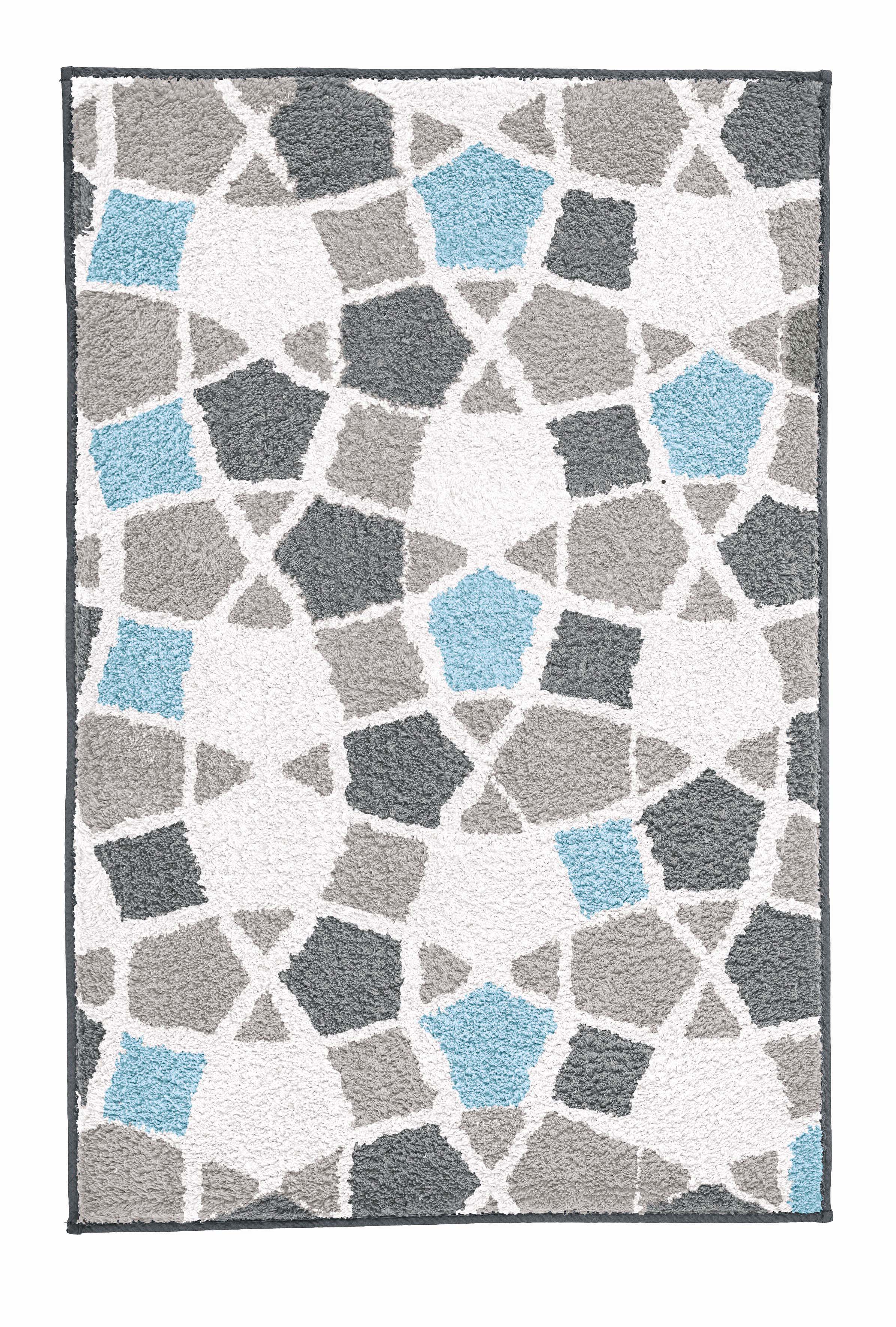 Badteppich SINTRA Opal 60 x 90 cm mit mosaikartigem Muster in Grau, Weiß und Hellblau ist abgebildet.
