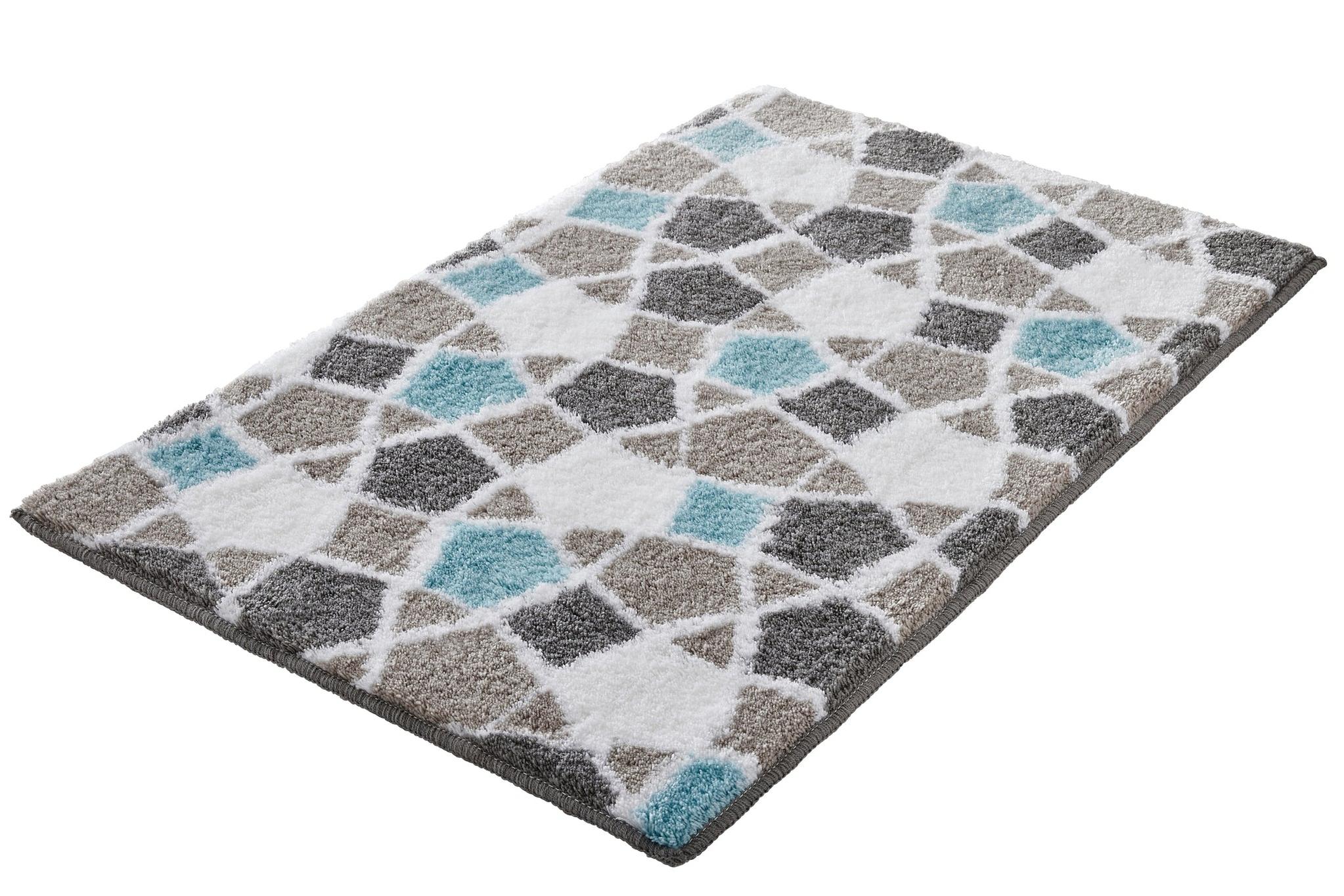 Rechteckiger Badteppich mit geometrischem Muster in Grau, Weiß, Türkis