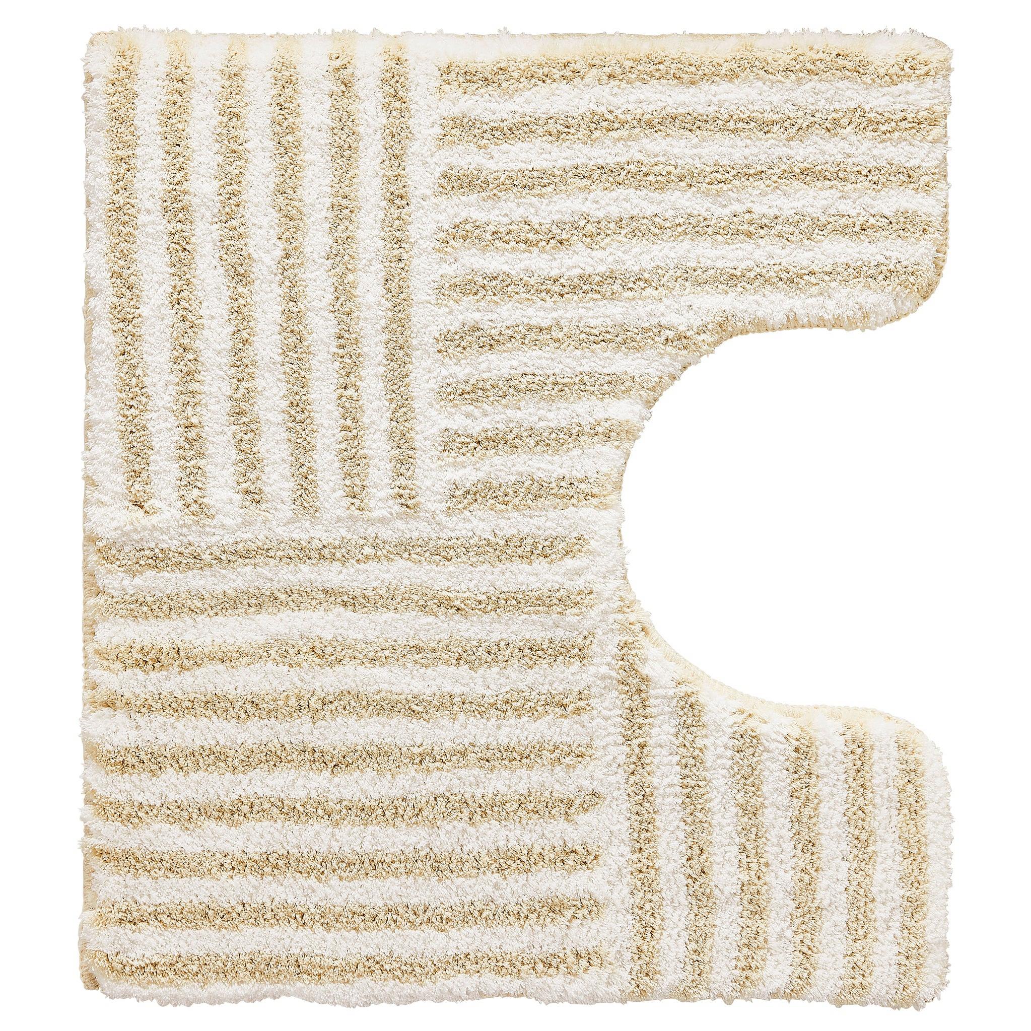 Beige-weiß gestreifter WC-Vorleger mit U-Aussparung aus Hochflor Teppich