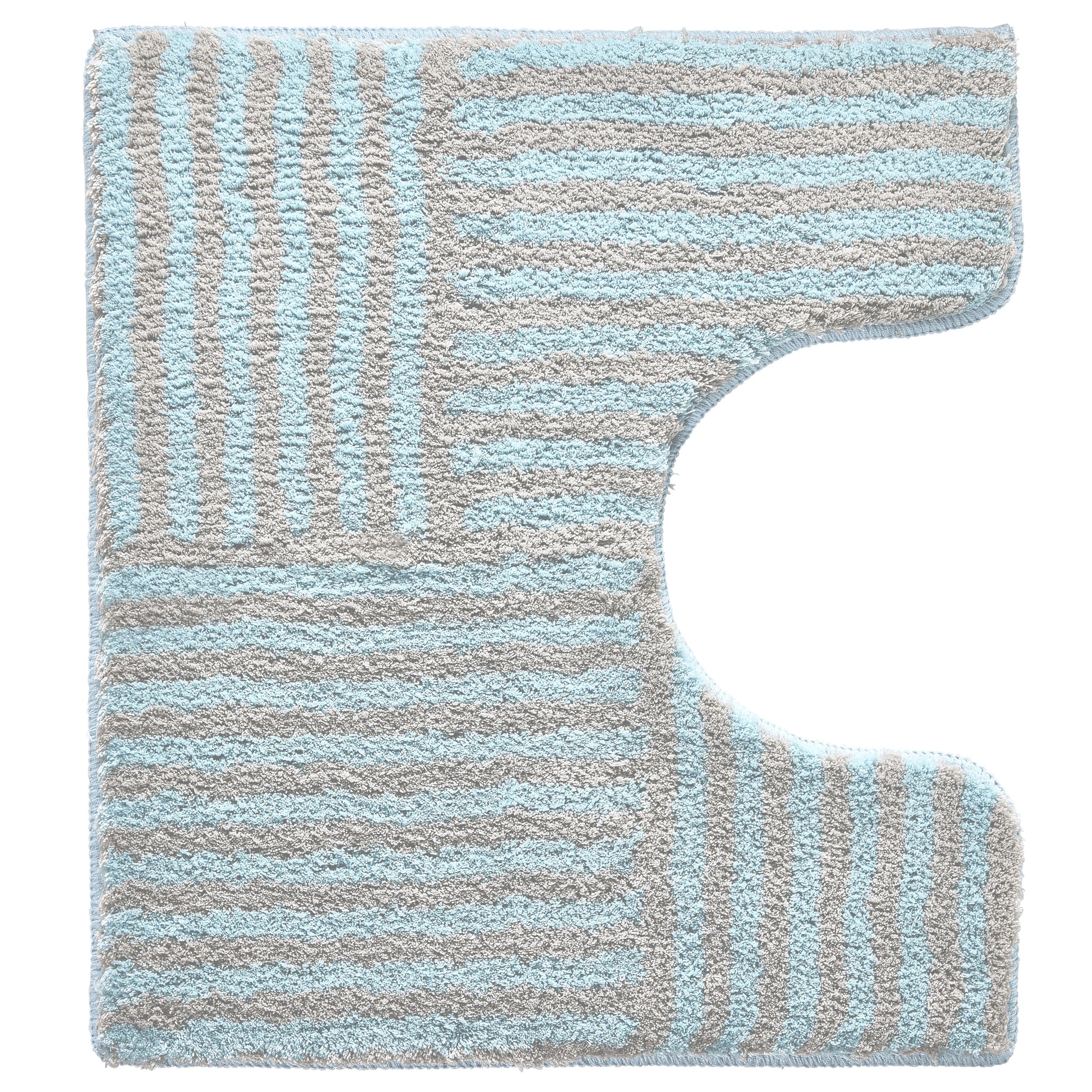 WC-Vorleger CHELSEA Opal 55 x 50 cm mit Ausschnitt liegt flach und zeigt blau-graues Streifenmuster.