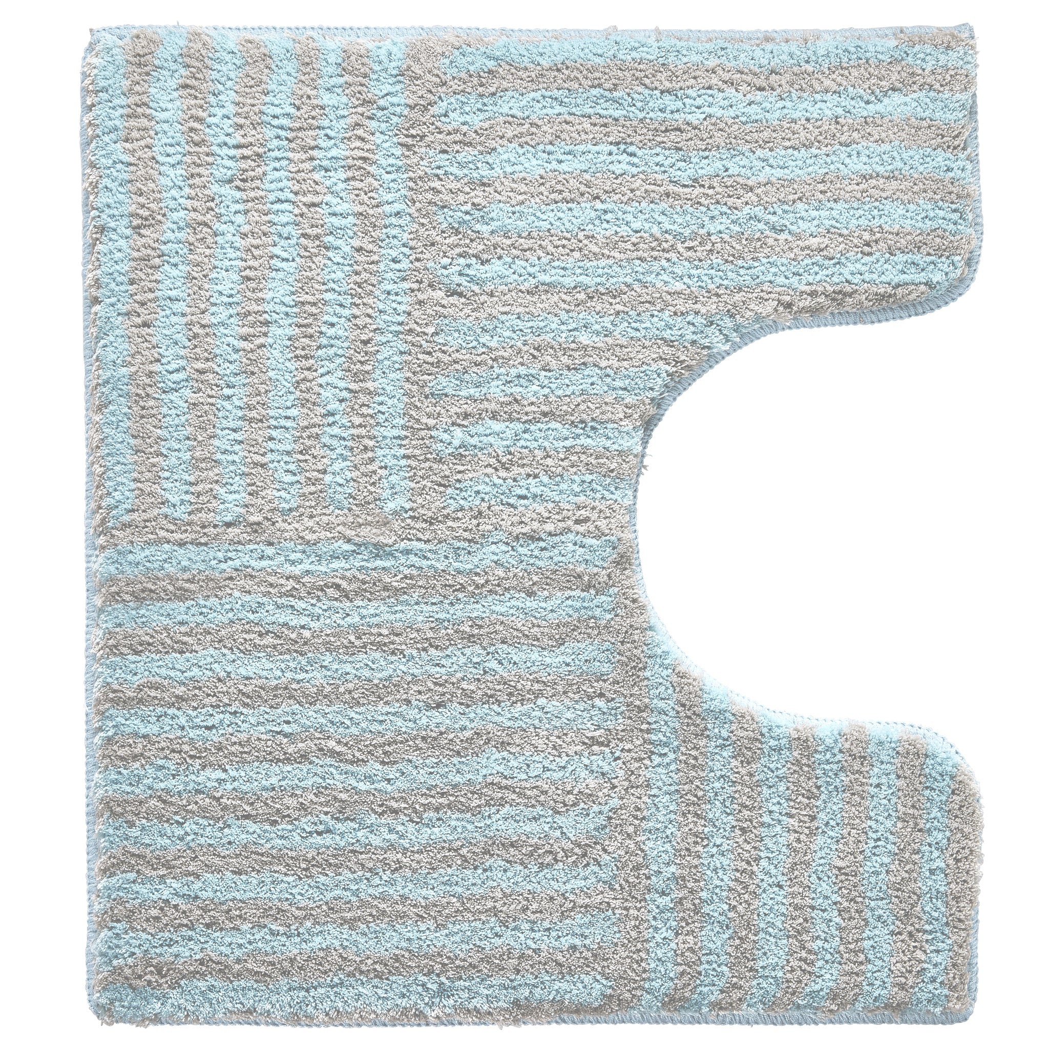 WC-Vorleger CHELSEA Opal 55 x 50 cm mit Ausschnitt liegt flach und zeigt blau-graues Streifenmuster.