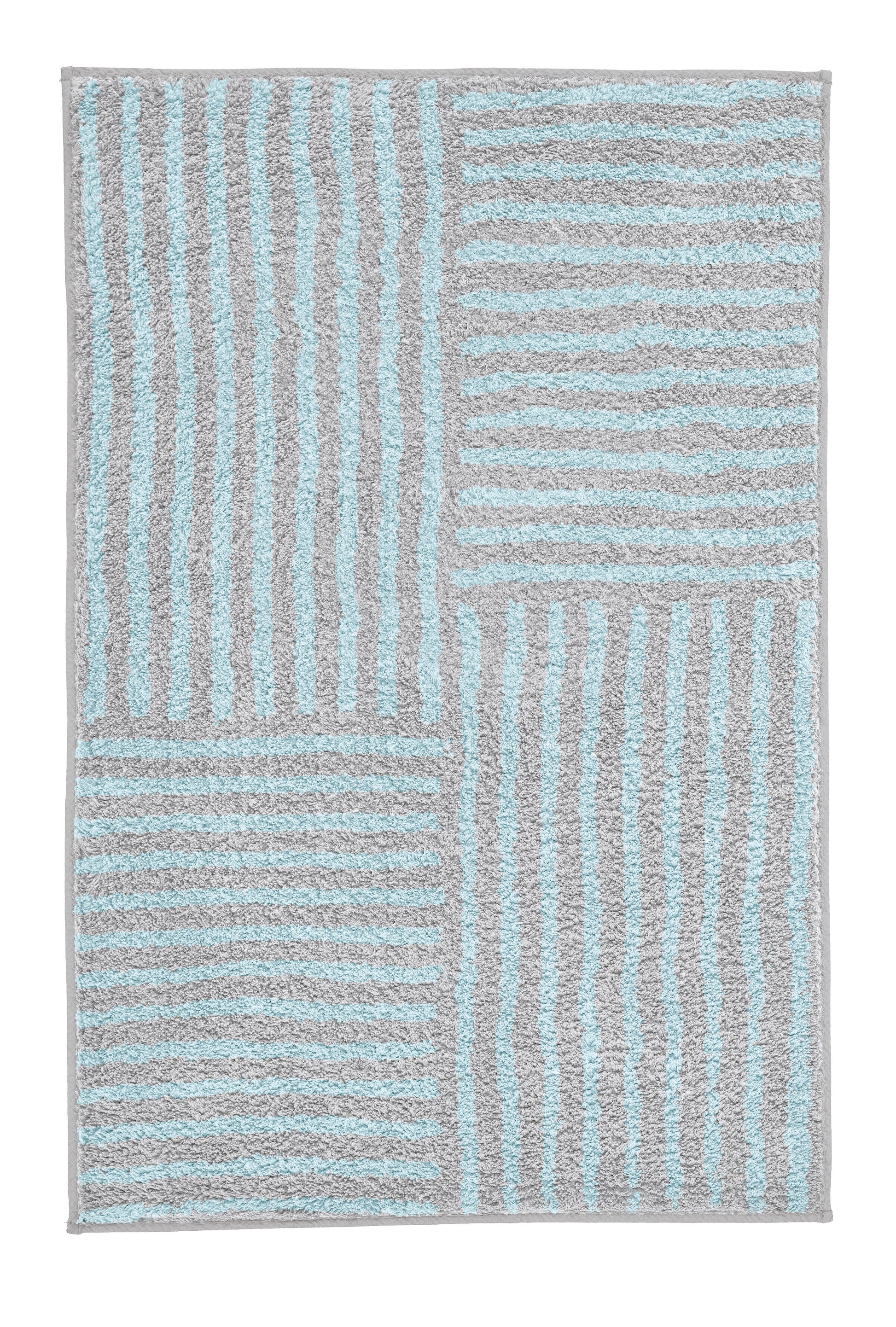 Badteppich CHELSEA Opal 60 x 90 cm zeigt graue und hellblaue Streifen in rechteckigem Patchworkmuster.