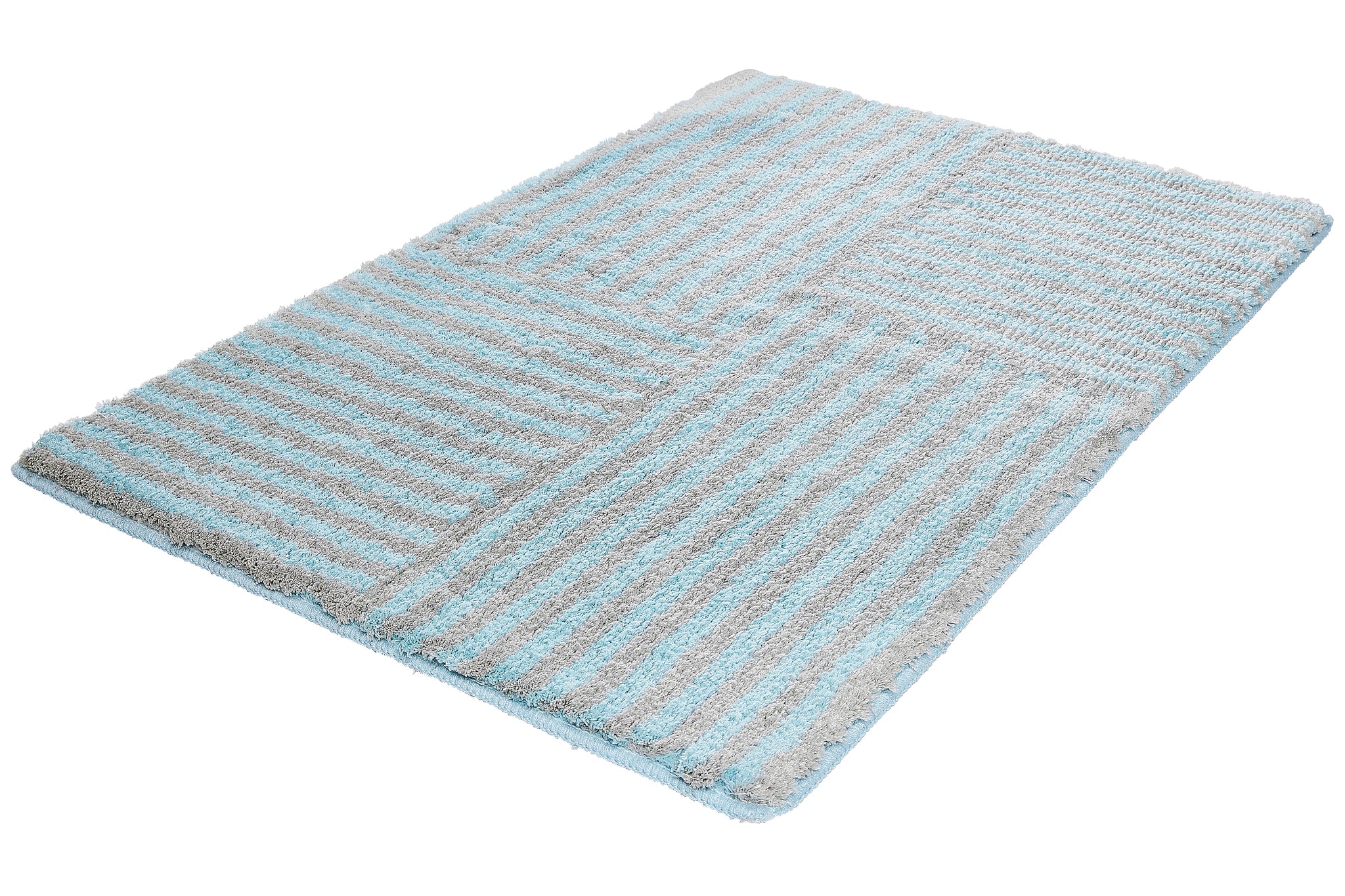 Badteppich CHELSEA Opal 80 x 140 cm mit blau-grauem Blockstreifen-Muster liegt auf weißem Hintergrund.