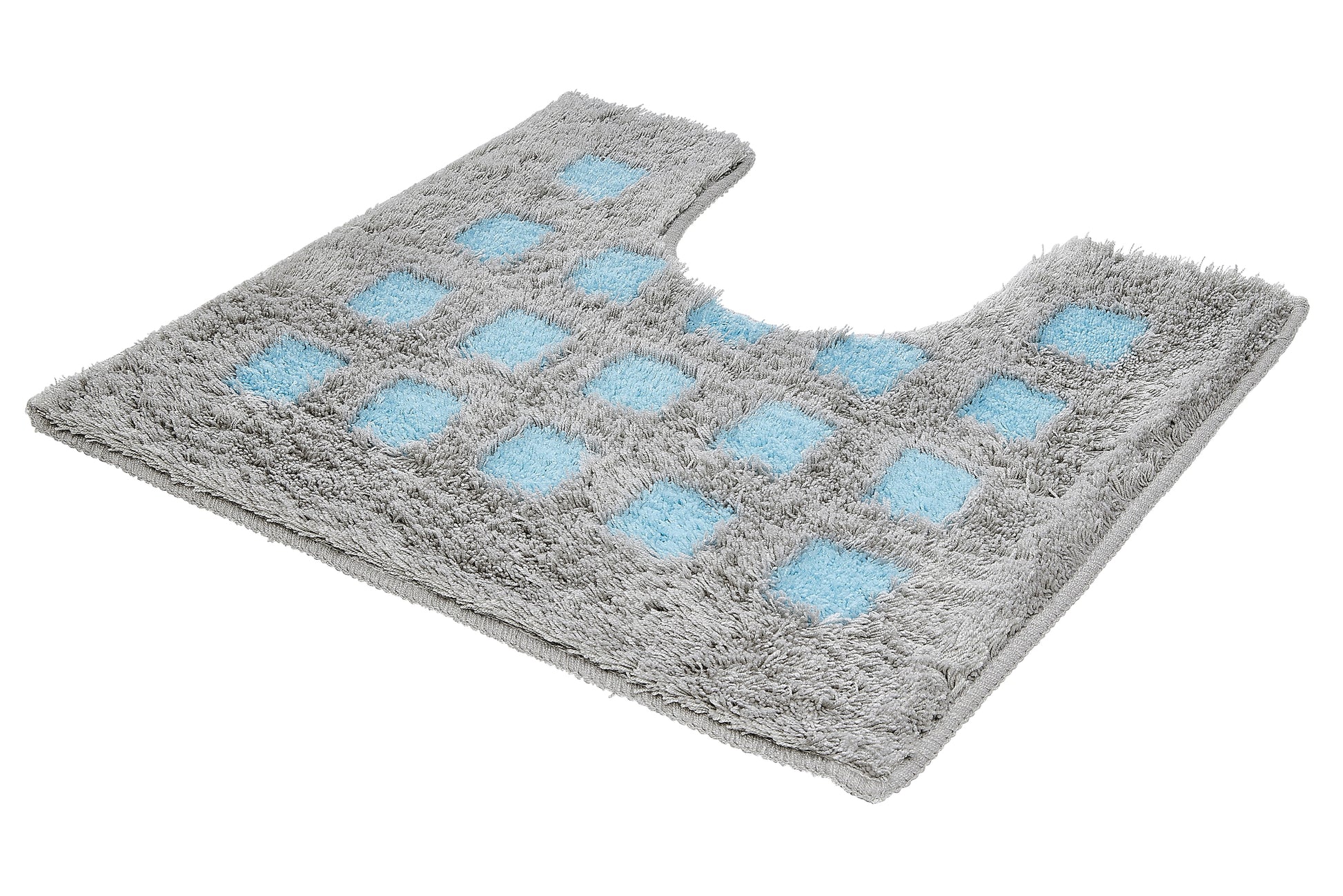 WC-Vorleger BOXES Opal 55 x 50 cm mit Ausschnitt liegt in grauer Hochfloroptik mit blauen Quadraten.