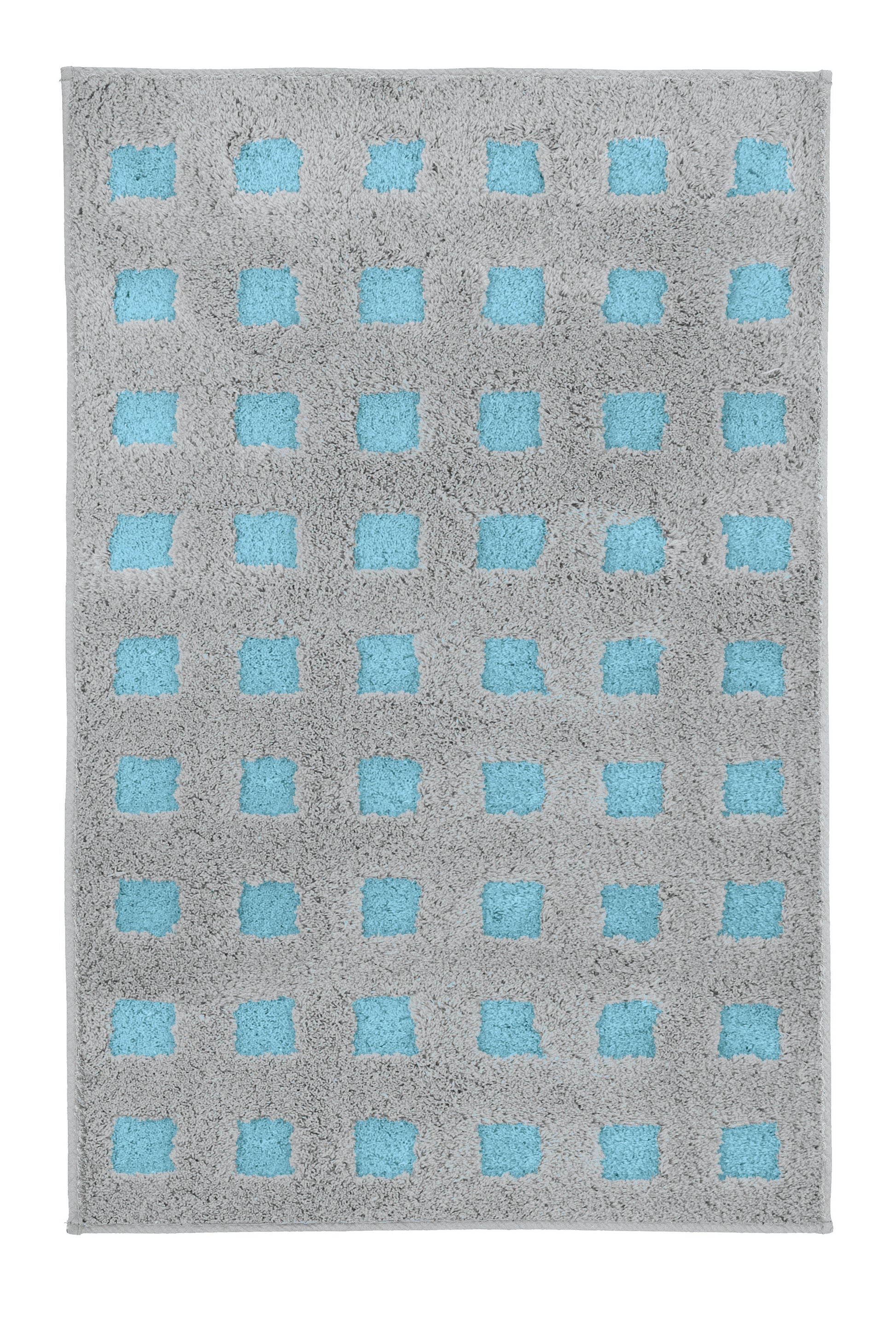 Badteppich BOXES Opal 60 x 90 cm mit grauer Fläche und blauen Quadraten ist von oben zu sehen.