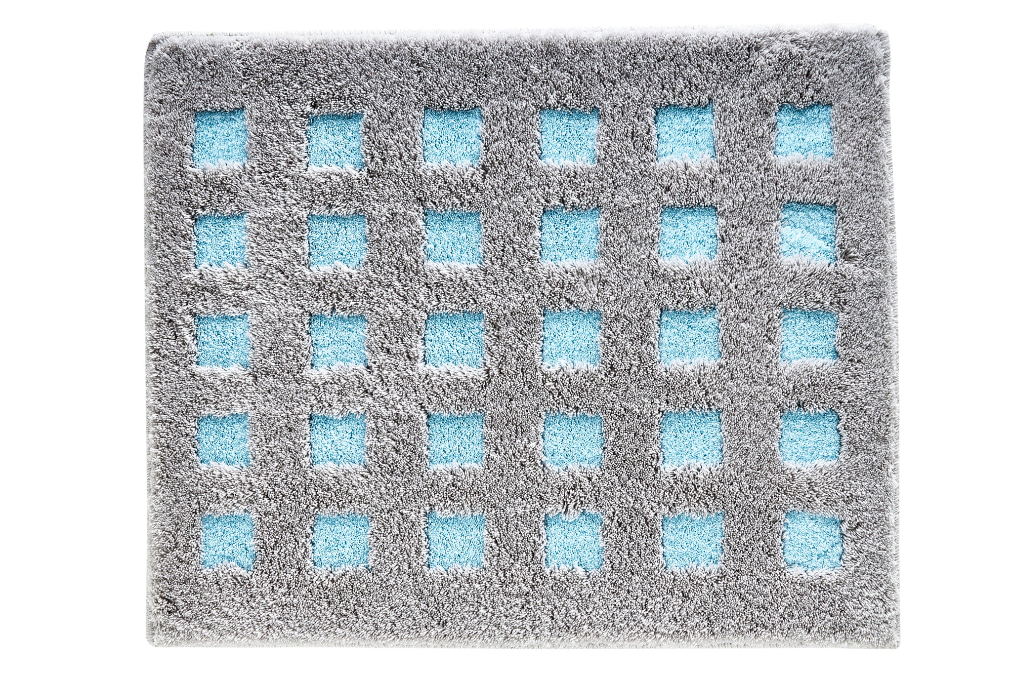 Badteppich BOXES Opal 55 x 65 cm in Grau mit türkisfarbenen Quadraten wird von oben gezeigt.