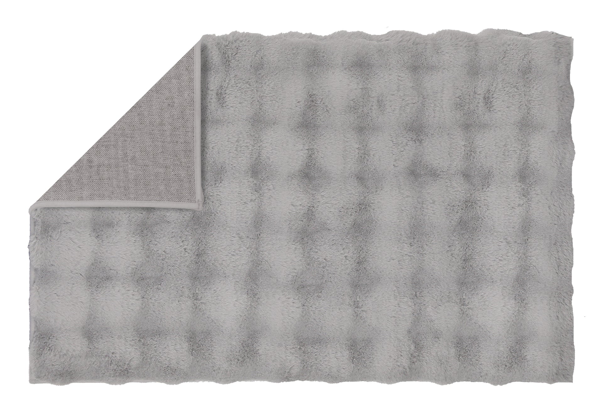 Badteppich CLOUD in Silbergrau, 60 x 90 cm, mit umgeschlagener Ecke auf weißem Hintergrund.