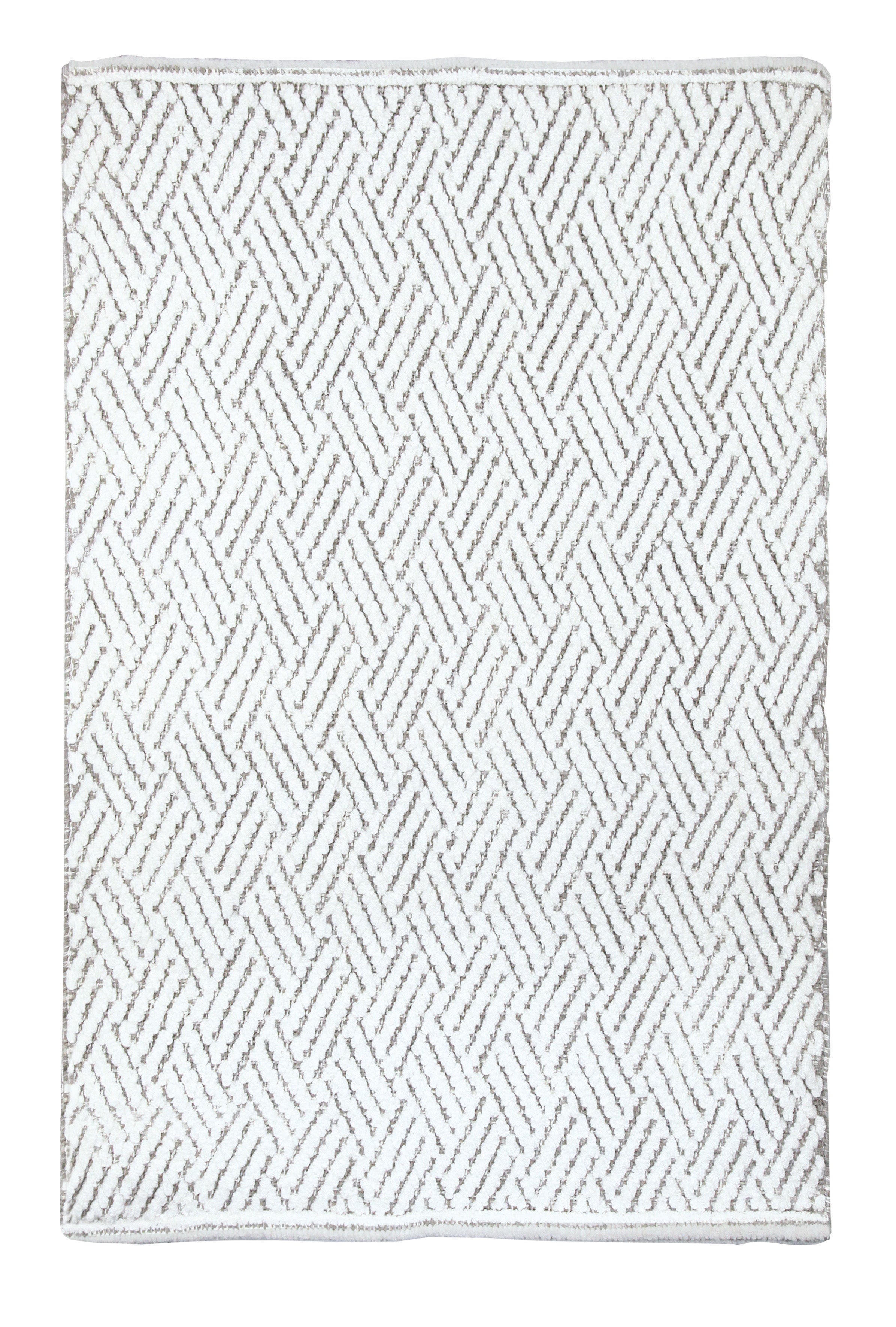 Quadratische Badematte in Weiß mit beige gemustertem Zickzackdesign