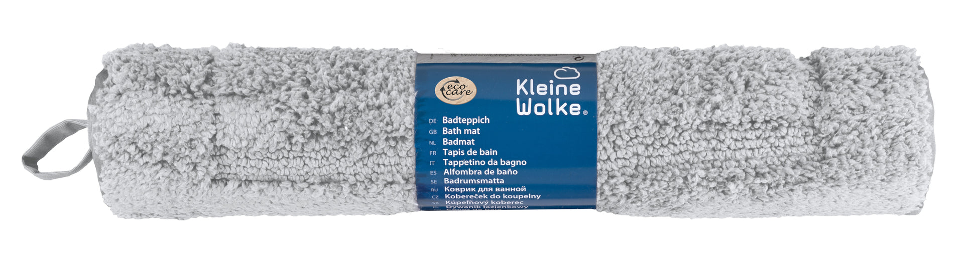 Gerollter silbergrauer Badteppich NICO 50 x 60 cm mit Banderole der Marke Kleine Wolke.