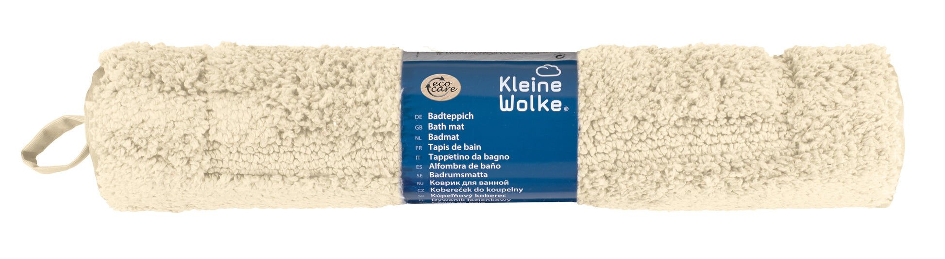 Badteppich NICO Sandbeige 50 x 60 cm als zusammengerollte Badematte mit blauem Etikett.