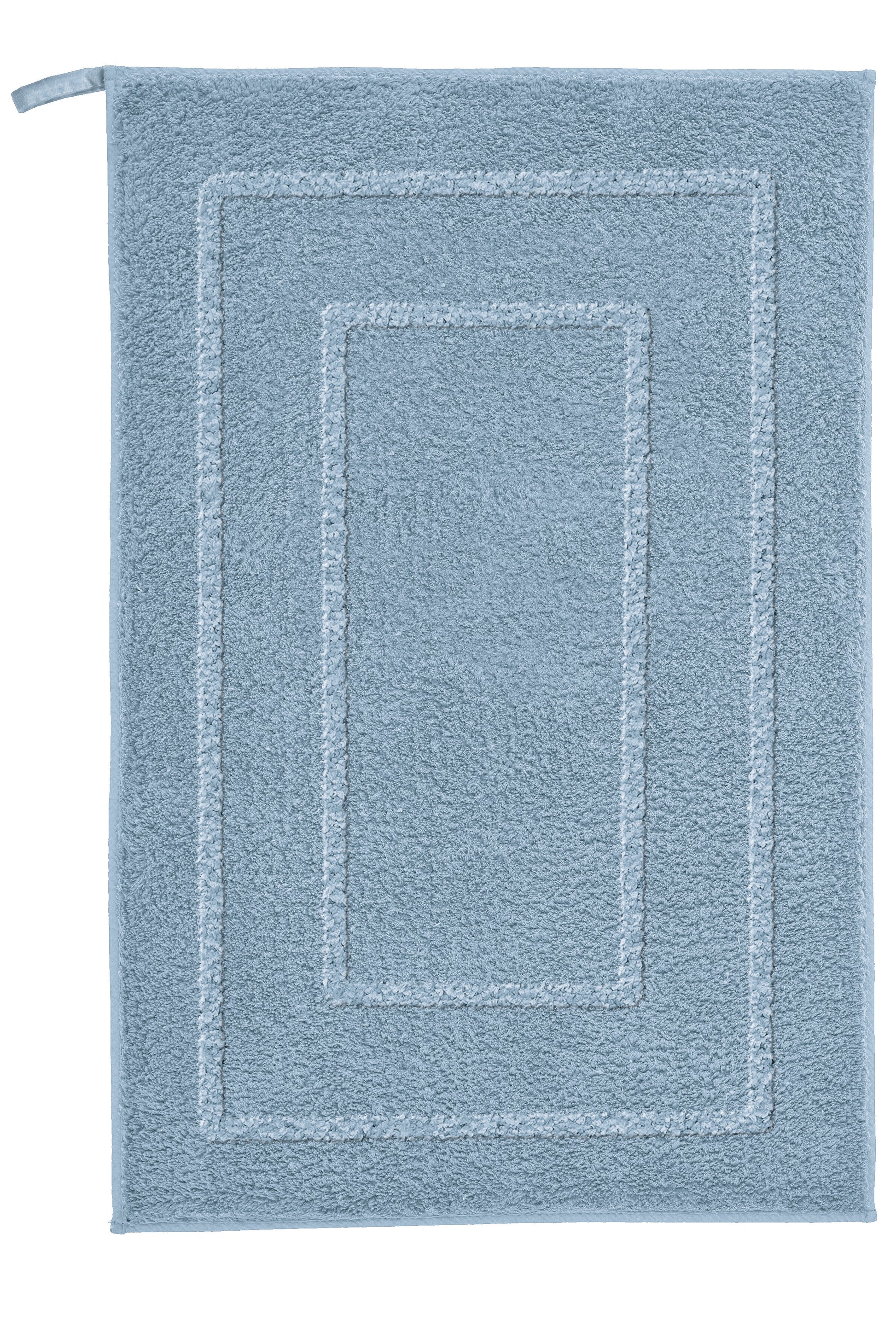 Badteppich NICO in Stahlblau 50 x 80 cm liegt rechteckig mit Bordüre flach auf dem Boden.