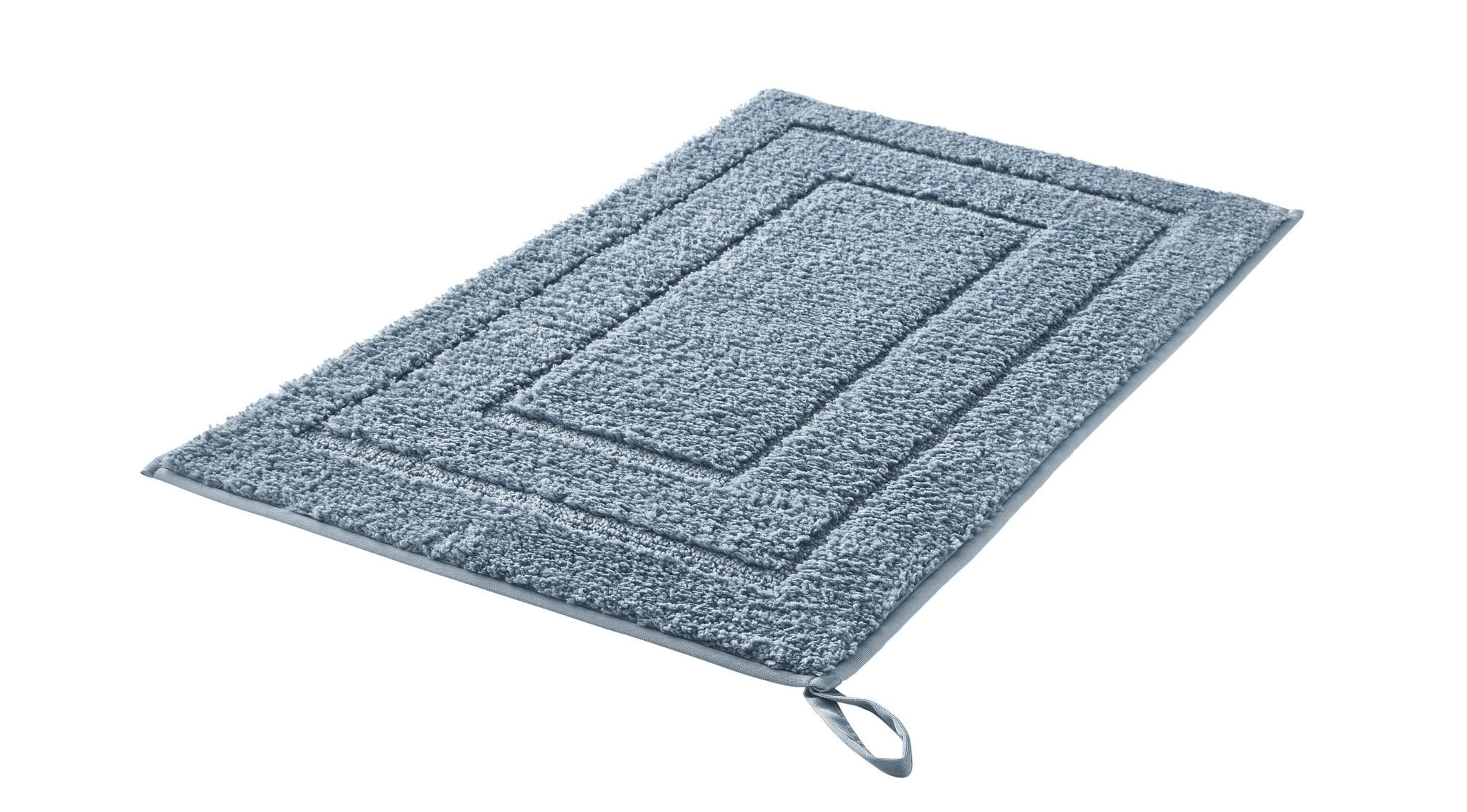 Rechteckige blaue Badematte mit Hoch-Tief-Muster und seitlicher Schlaufe