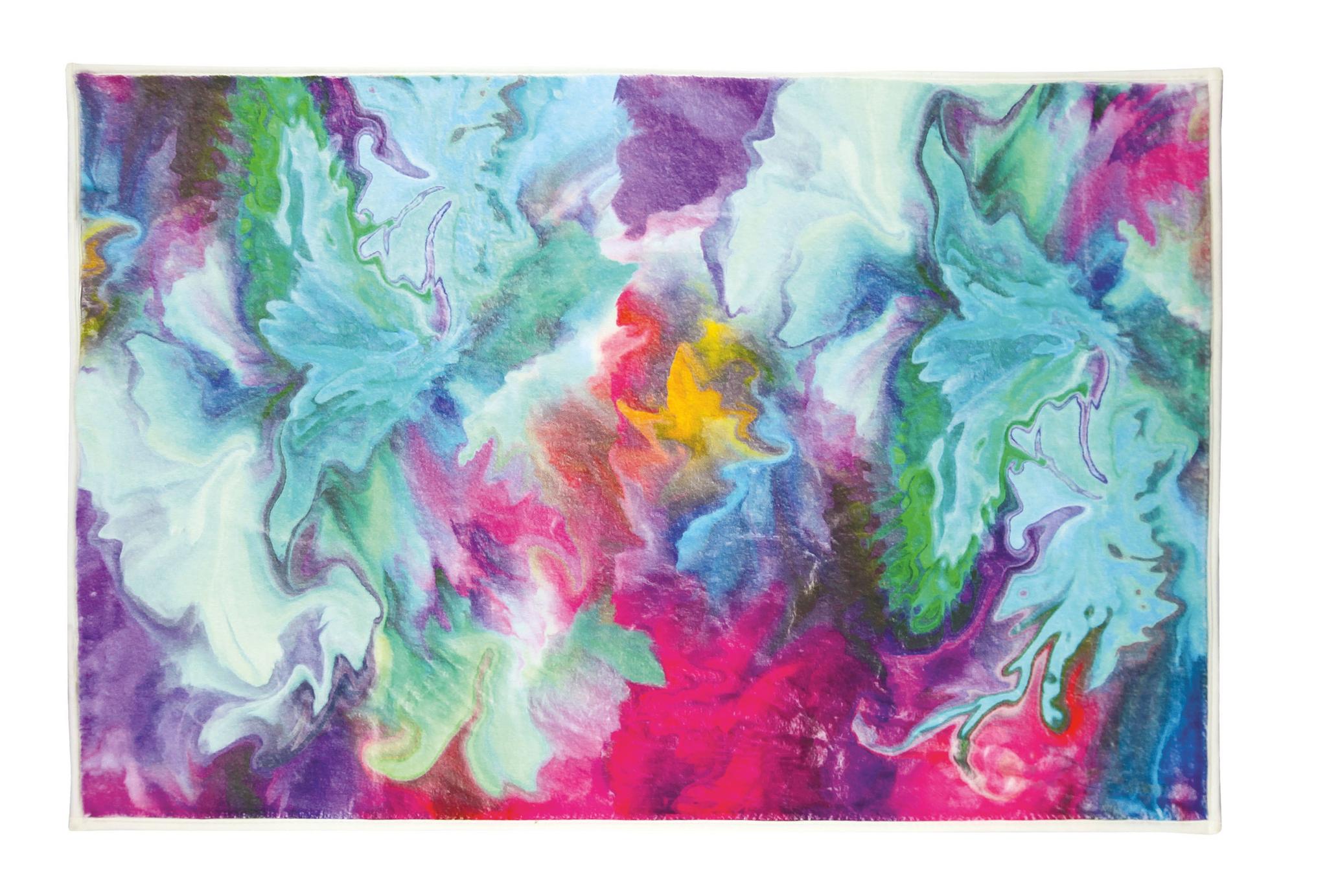 Bunte Badematte mit abstraktem Aquarellmuster in Blau, Pink, Lila