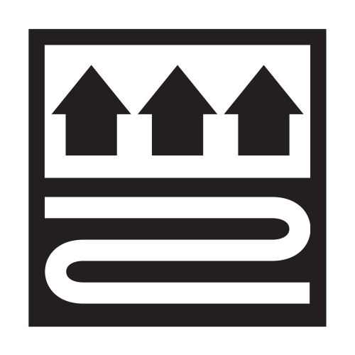 Das Logo zeigt eine stilisierte Fußbodenheizung mit Pfeilen für die Wärmeabgabe nach oben.